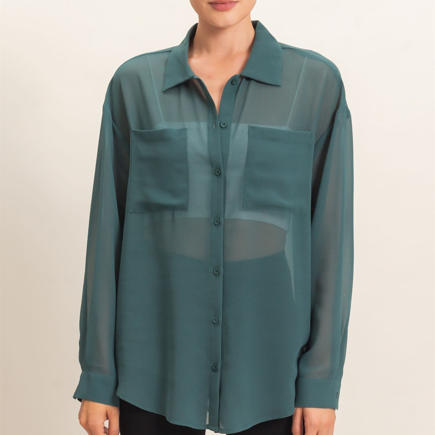 Wholesale Button-Down Collar Blouse Shirts HF26F067 TEAL GREEN HYFVE