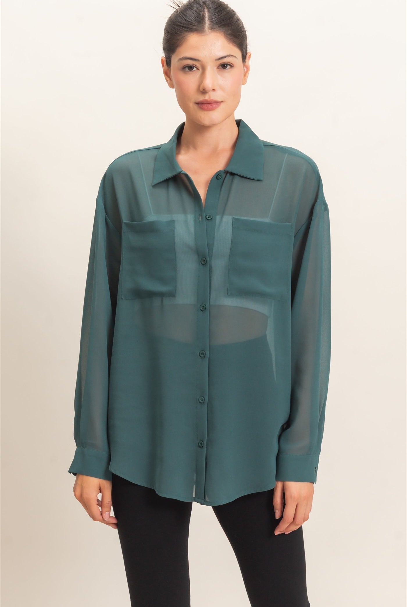 Wholesale Button-Down Collar Blouse Shirts HF26F067 TEAL GREEN HYFVE