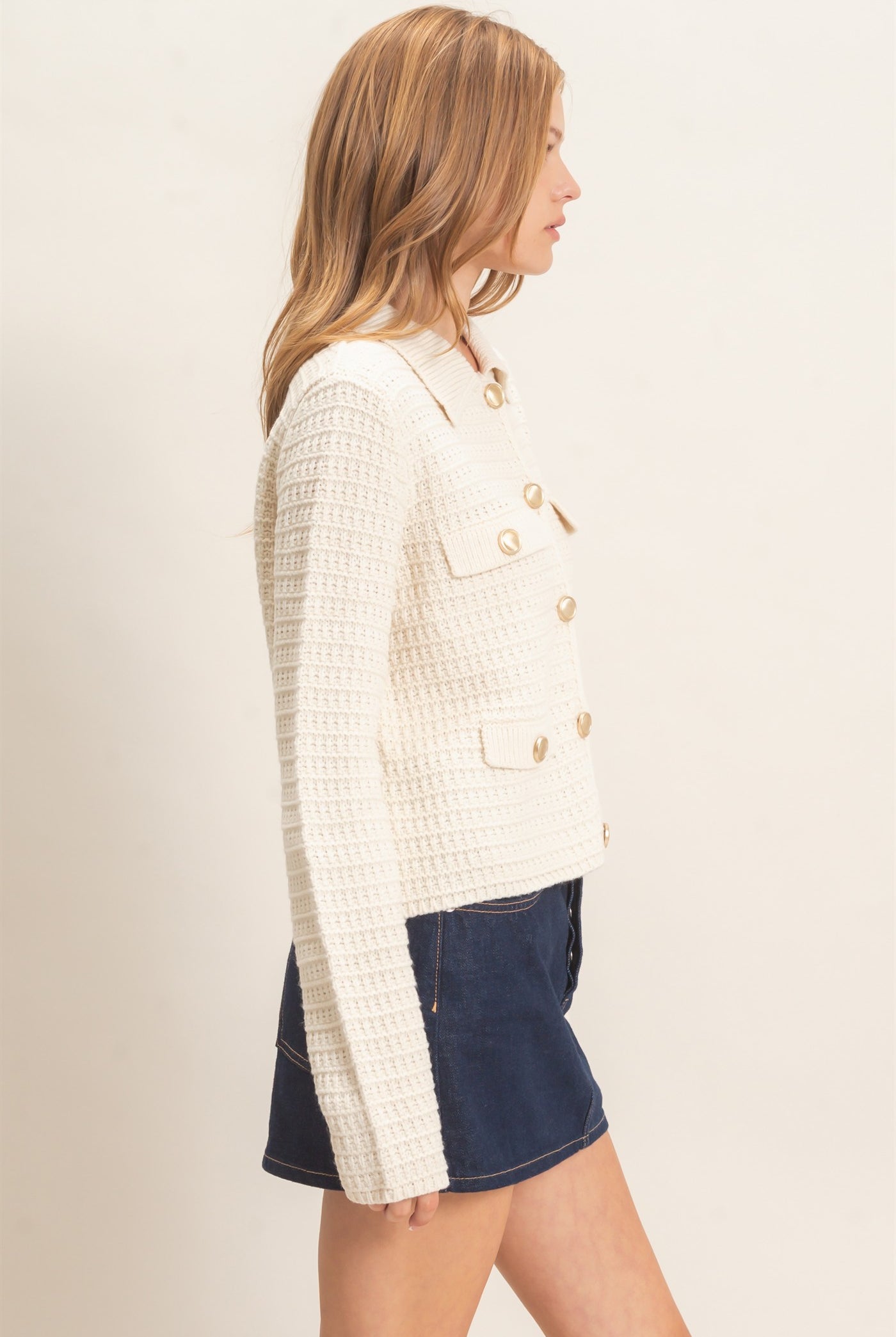 Wholesale Textured Collared Sweater Jacket Cardigans HF26F190 CREAM HYFVE