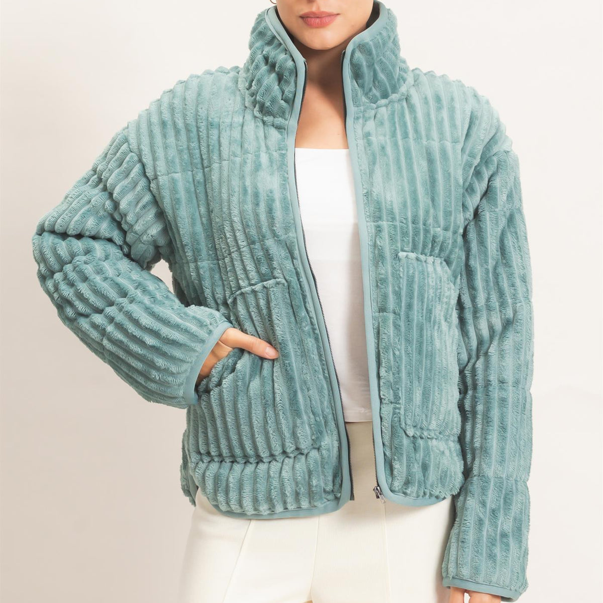 Wholesale Quilted Corduroy Zip-Up Jacket Coats & Jackets HF26E753 LIGHT TEAL HYFVE