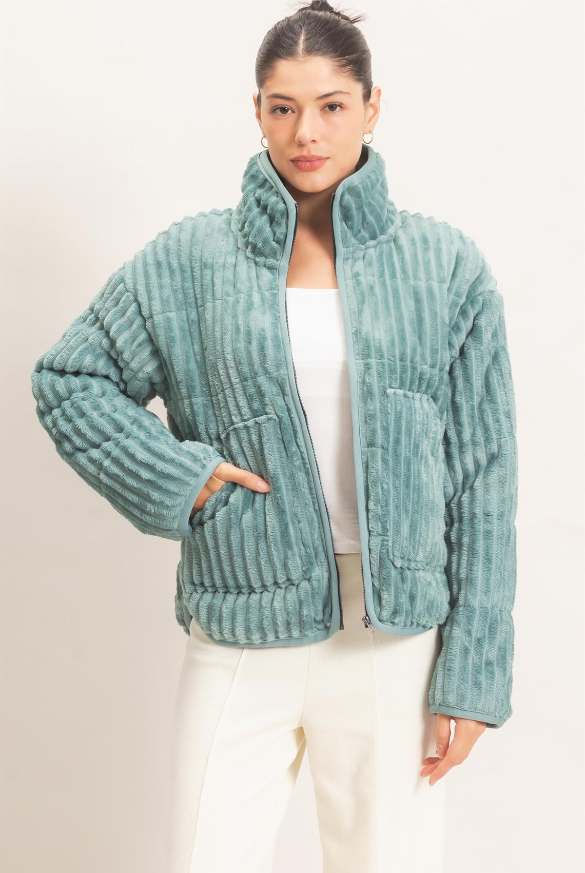 Wholesale Quilted Corduroy Zip-Up Jacket Coats & Jackets HF26E753 LIGHT TEAL HYFVE