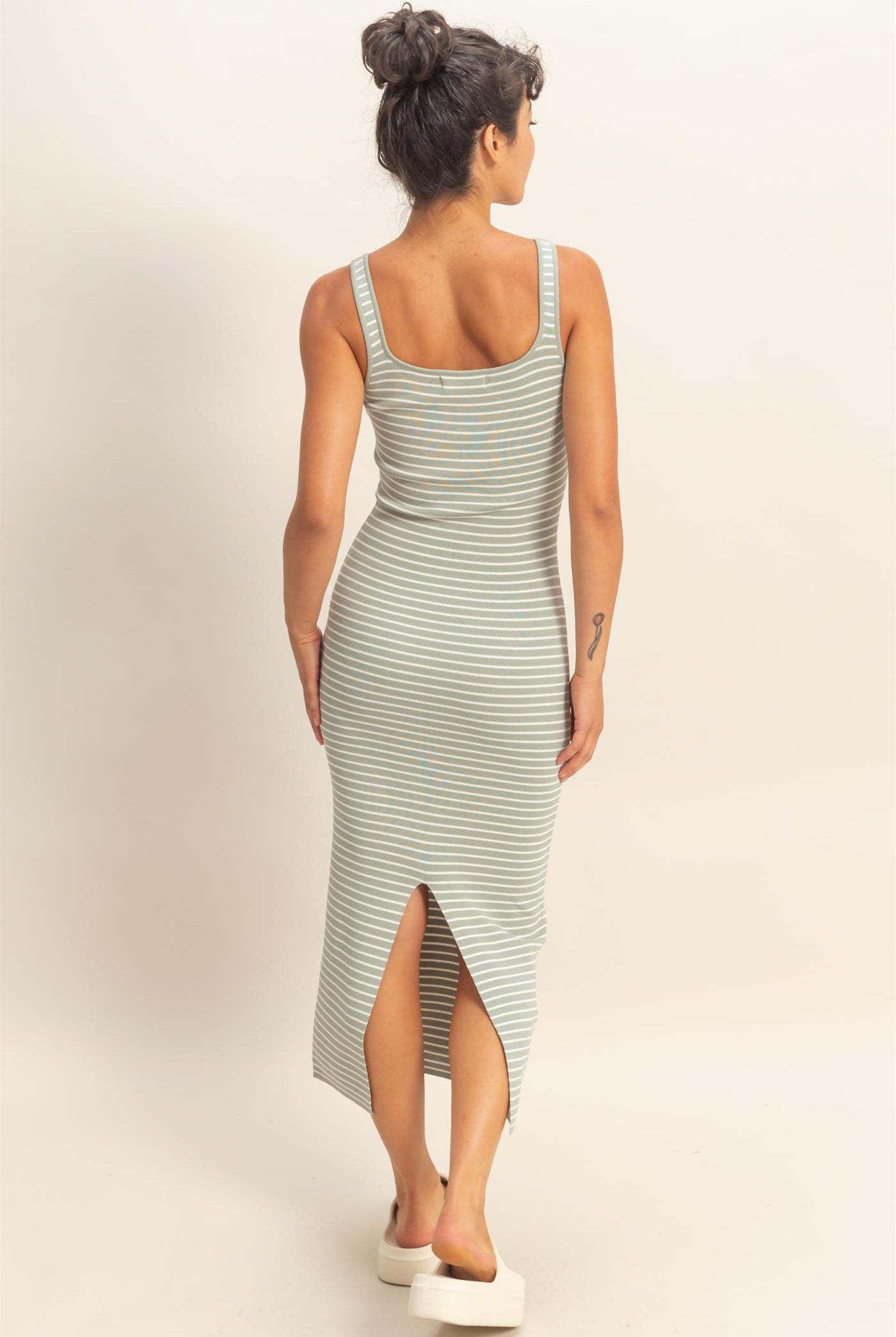 Wholesale Striped Bodycon Midi Dress With Back Slit Dresses DZ26C340 SAGE GREEN DOUBLE ZERO