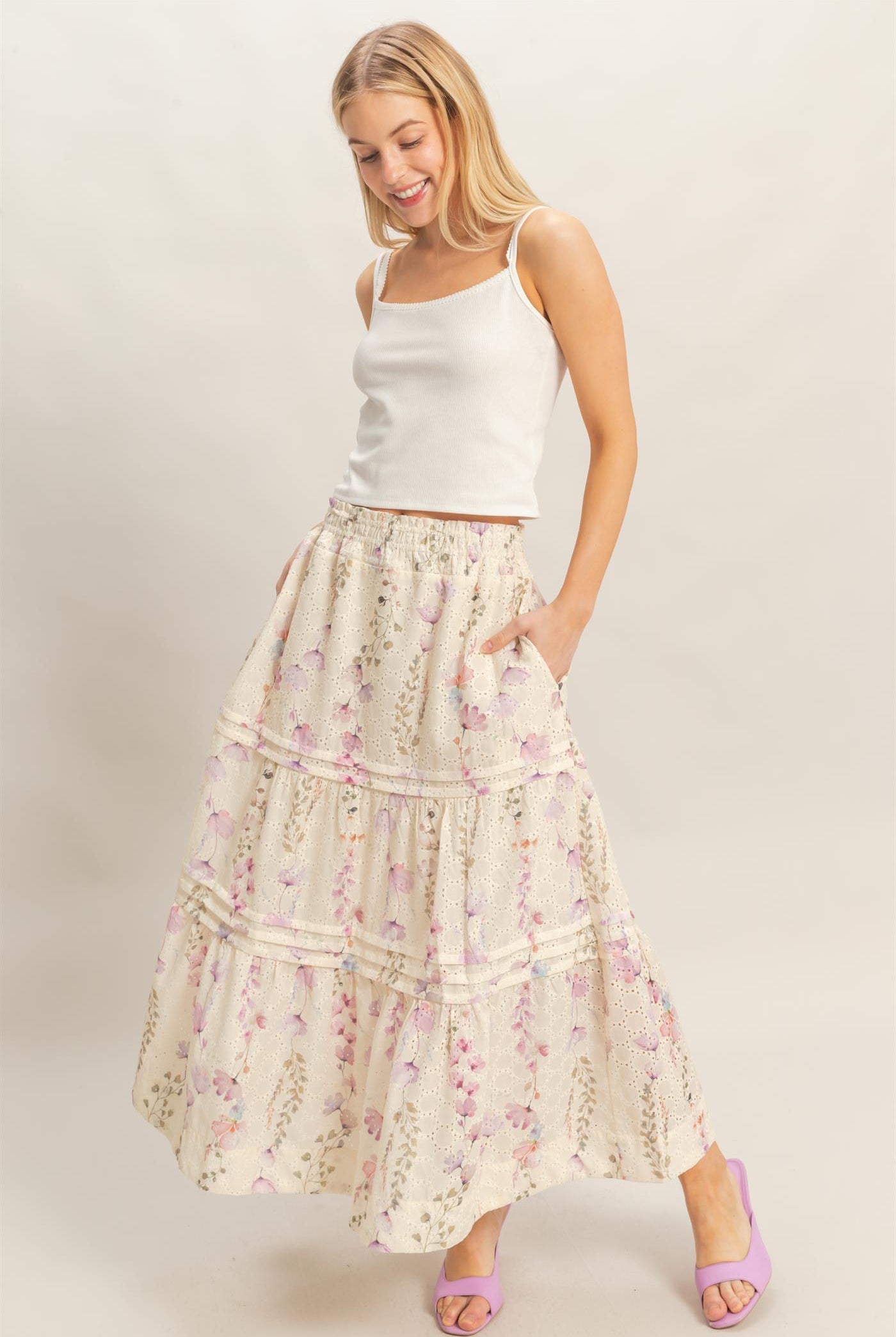 Wholesale Floral Smocked Waist Skirt Skirts HF26A361-D YELLOW HYFVE