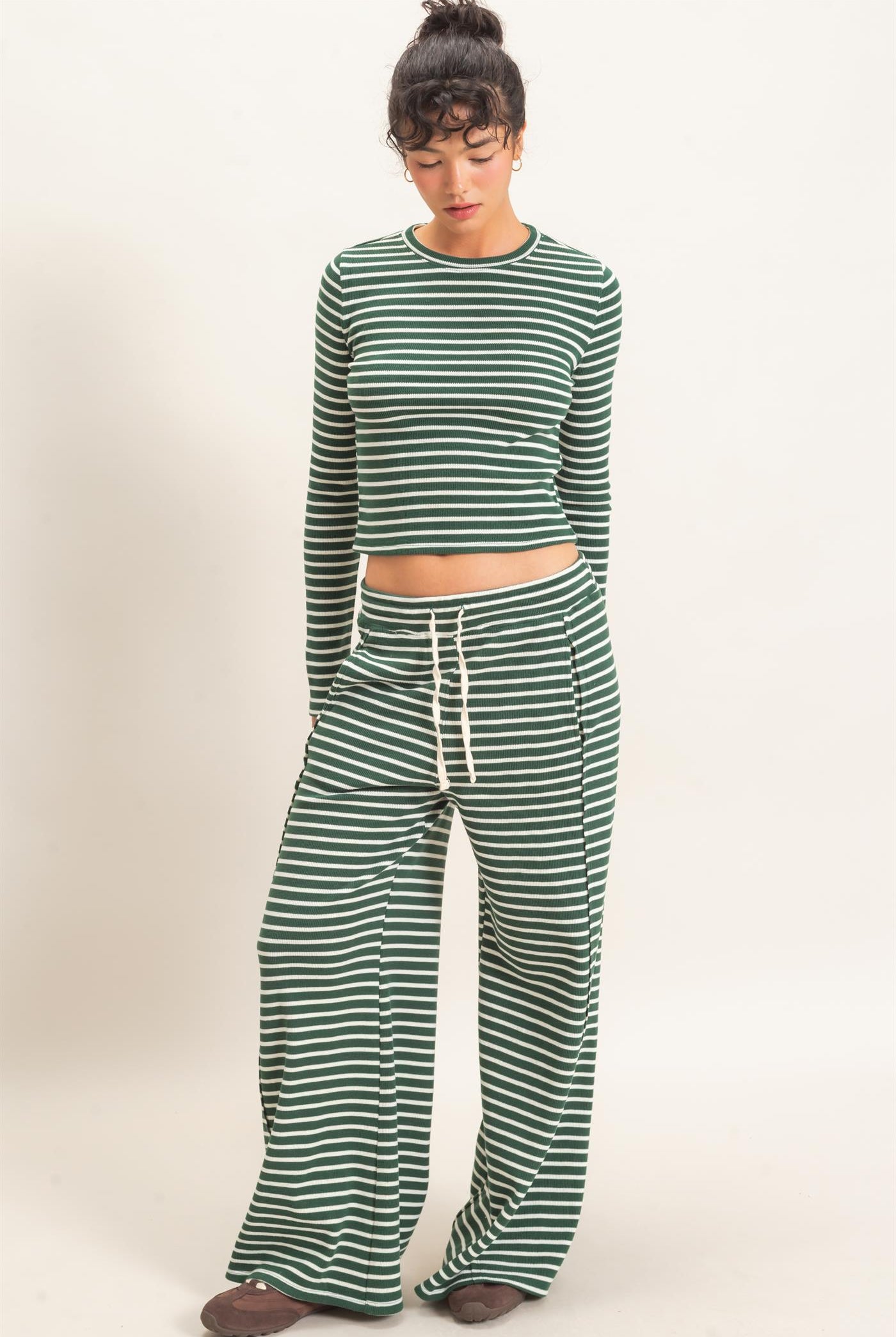Wholesale Striped Waffle Long Sleeve Top & Pants Set Clothing DZ25F479-SET DARK GREEN DOUBLE ZERO