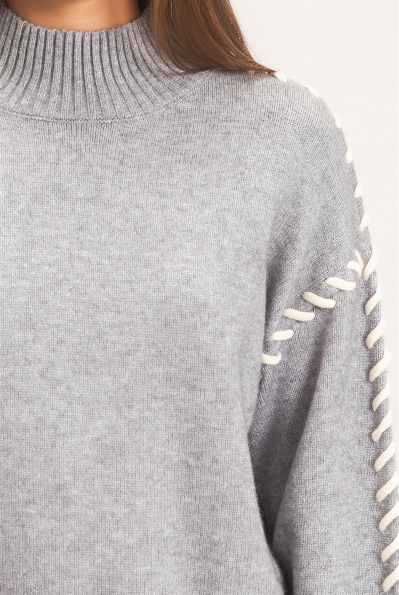 Wholesale Blanket Stitch High Neck Sweater Sweaters DZ27A190 HEATHER GRAY DOUBLE ZERO