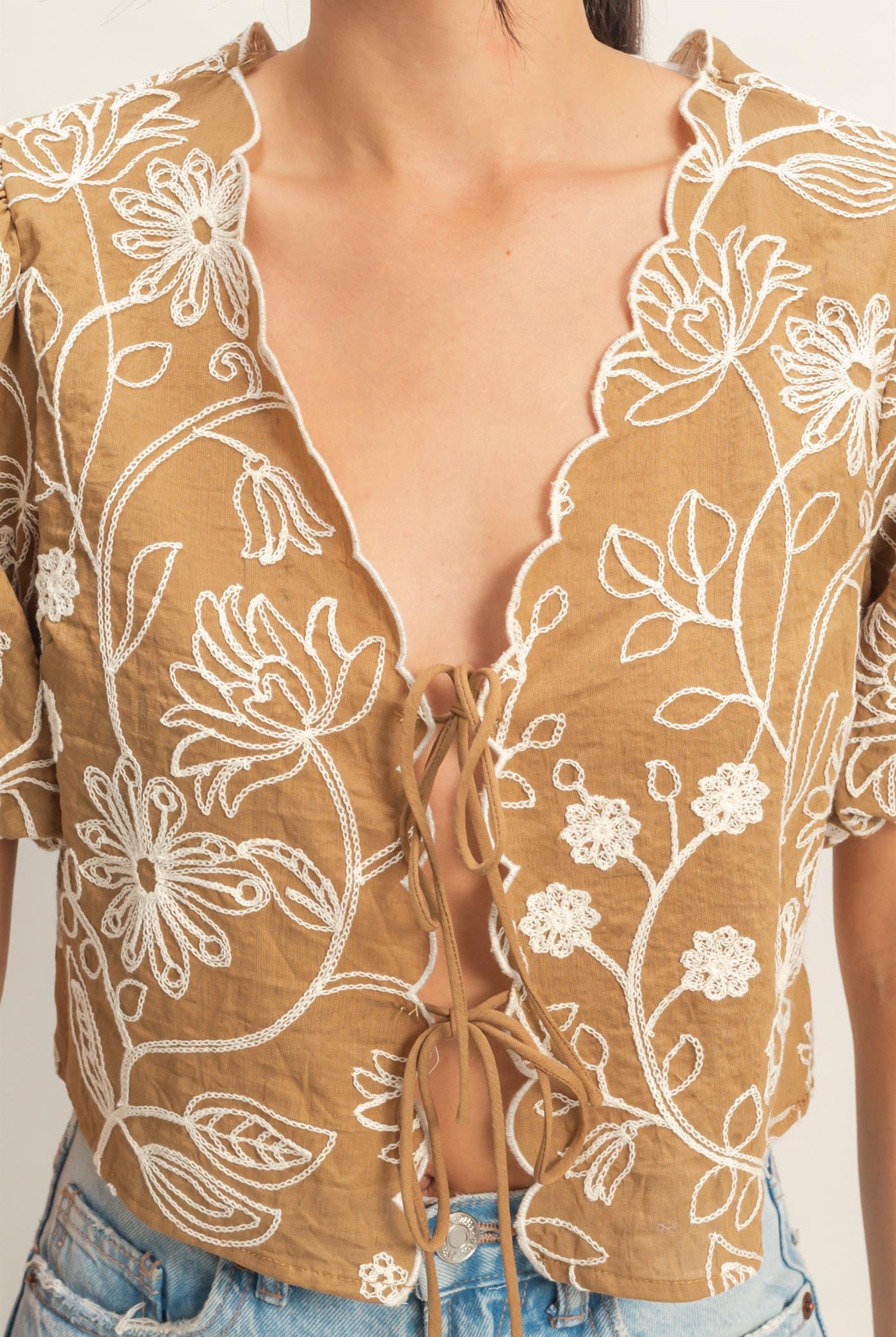 Wholesale Floral Embroidered Tie-Front Top Blouses HF26C556-D LIGHT BROWN HYFVE
