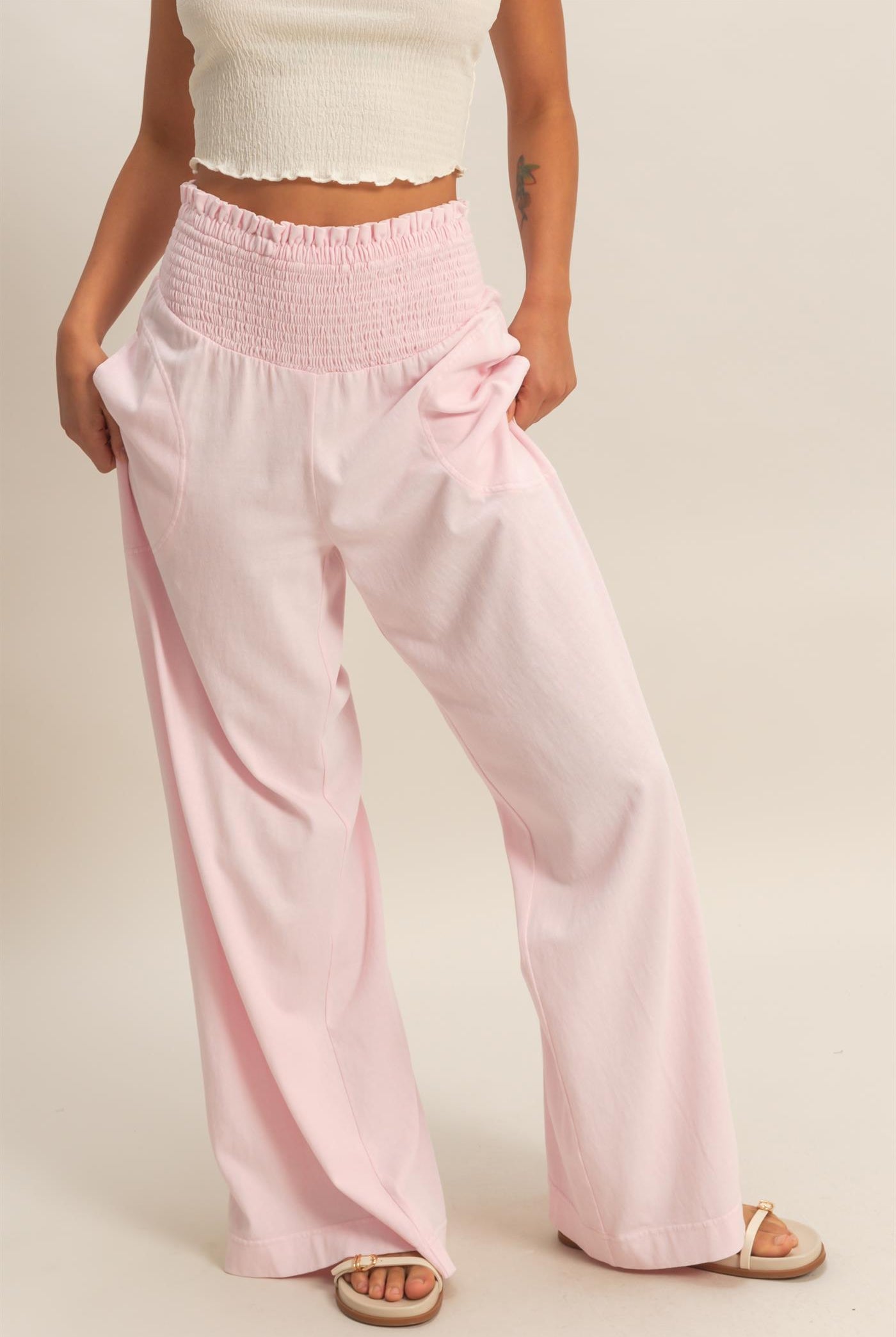 Wholesale Mineral Washed Wide-Leg Smocked Waist Pants Pants DZ26A249 SOFT PINK DOUBLE ZERO