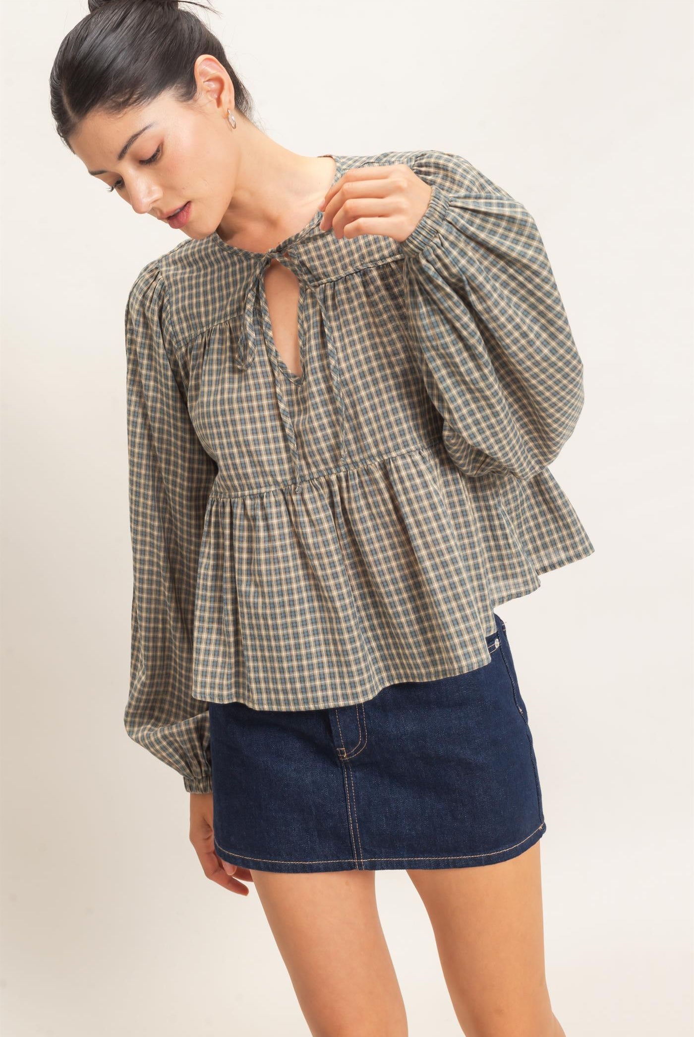 Wholesale Checkered Tie Neck Top Clothing Tops HF26E732 TEAL BLUE HYFVE