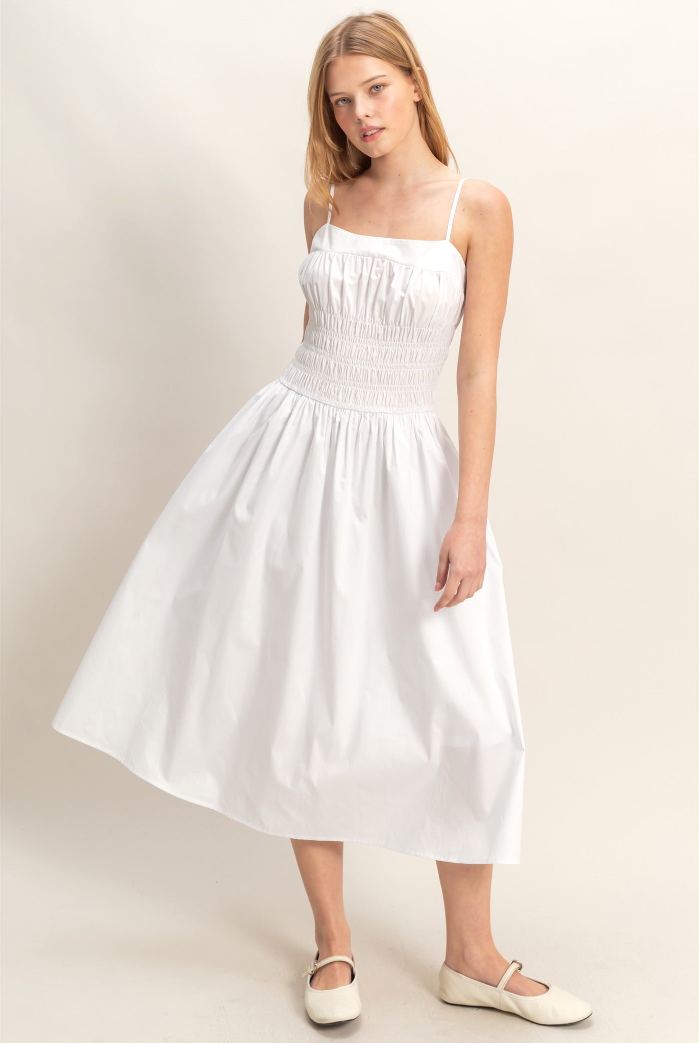 Wholesale Smocked Strapped Midi Dress Dresses HF26A624 WHITE HYFVE