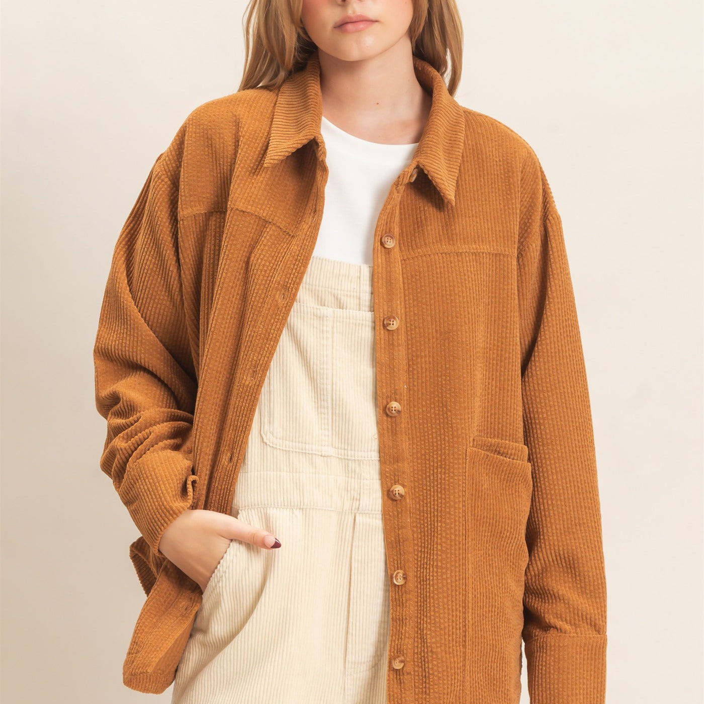 Wholesale Corduroy Button-Up Shirt Outerwear HF26F163 CAMEL HYFVE