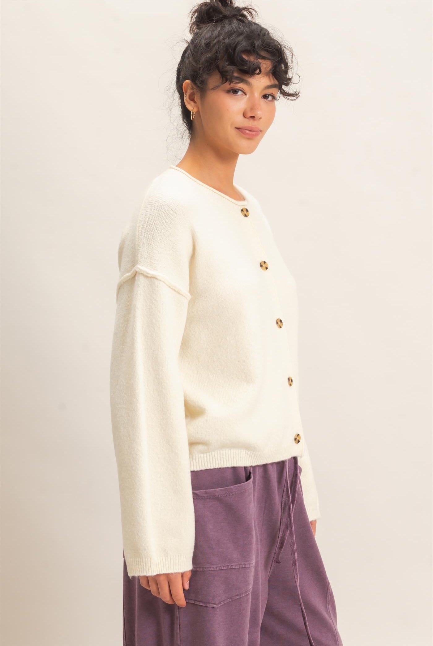 Wholesale Crew Neck Loose Fit Cardigan Cardigans DZ26E269 CREAM DOUBLE ZERO