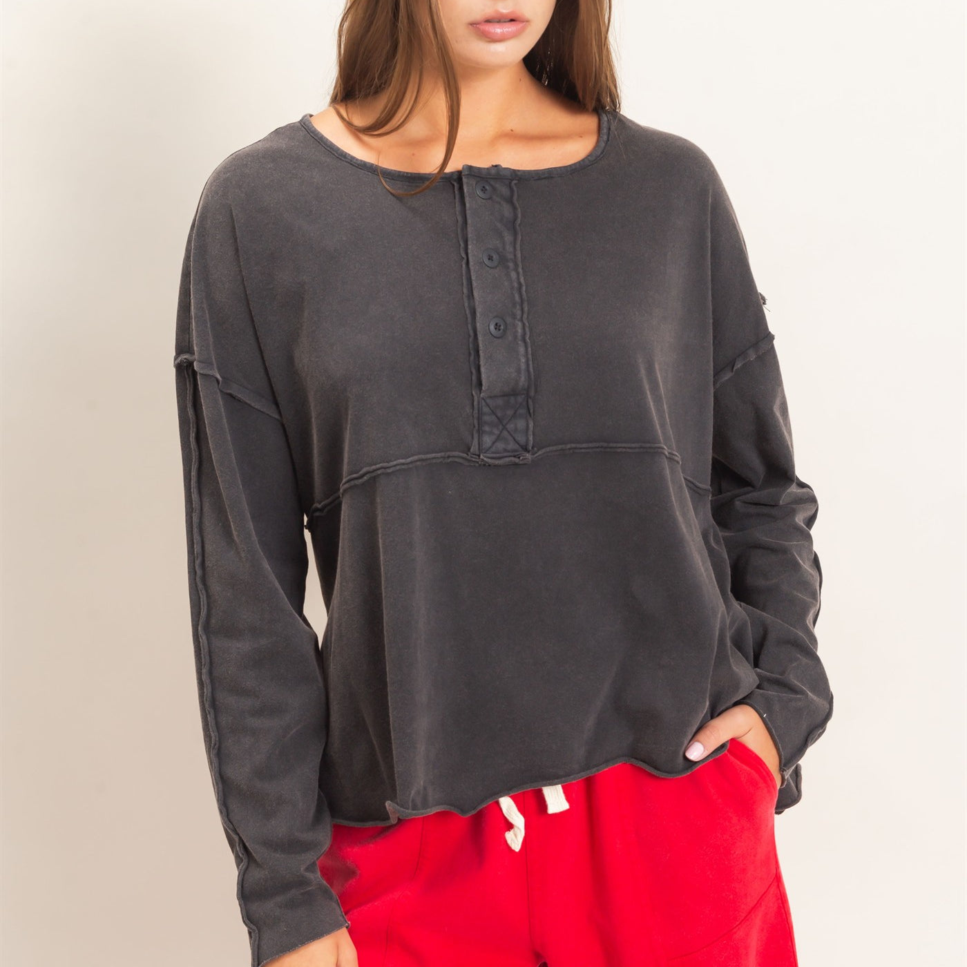 Wholesale Oversized Henley Top With Raw Edges Clothing Tops DZ26F128 BLACK DOUBLE ZERO