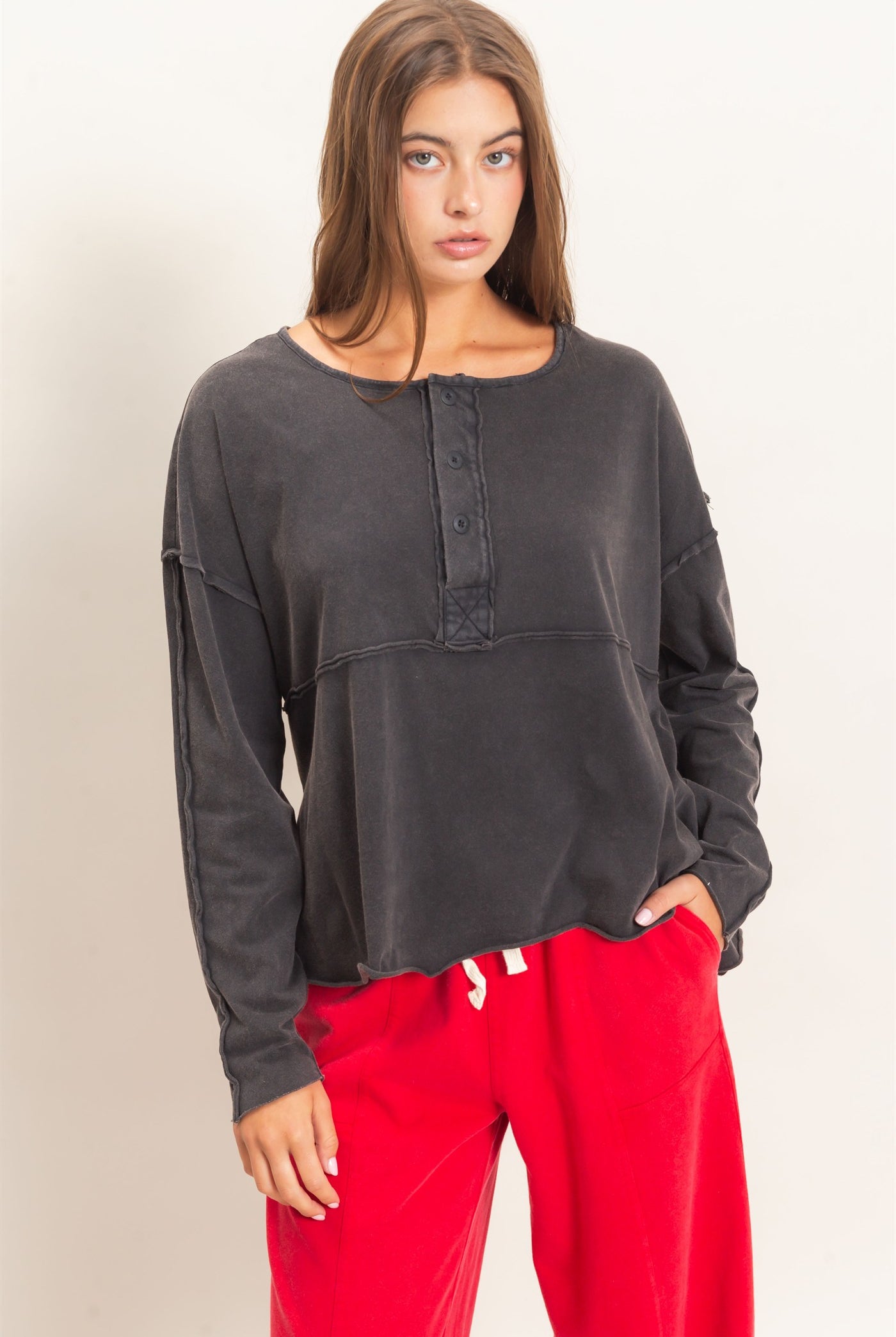 Wholesale Oversized Henley Top With Raw Edges Clothing Tops DZ26F128 BLACK DOUBLE ZERO