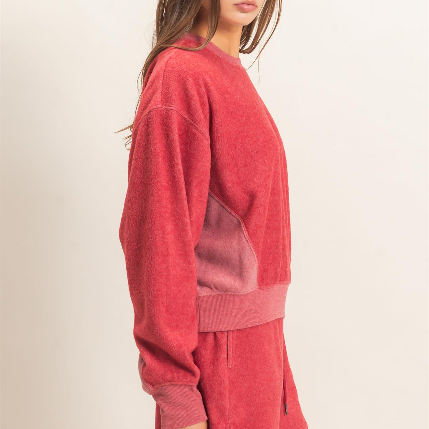 Wholesale Contrast Sweatshirt & Shorts Set Clothing DZ25F478-SET DARK RED DOUBLE ZERO