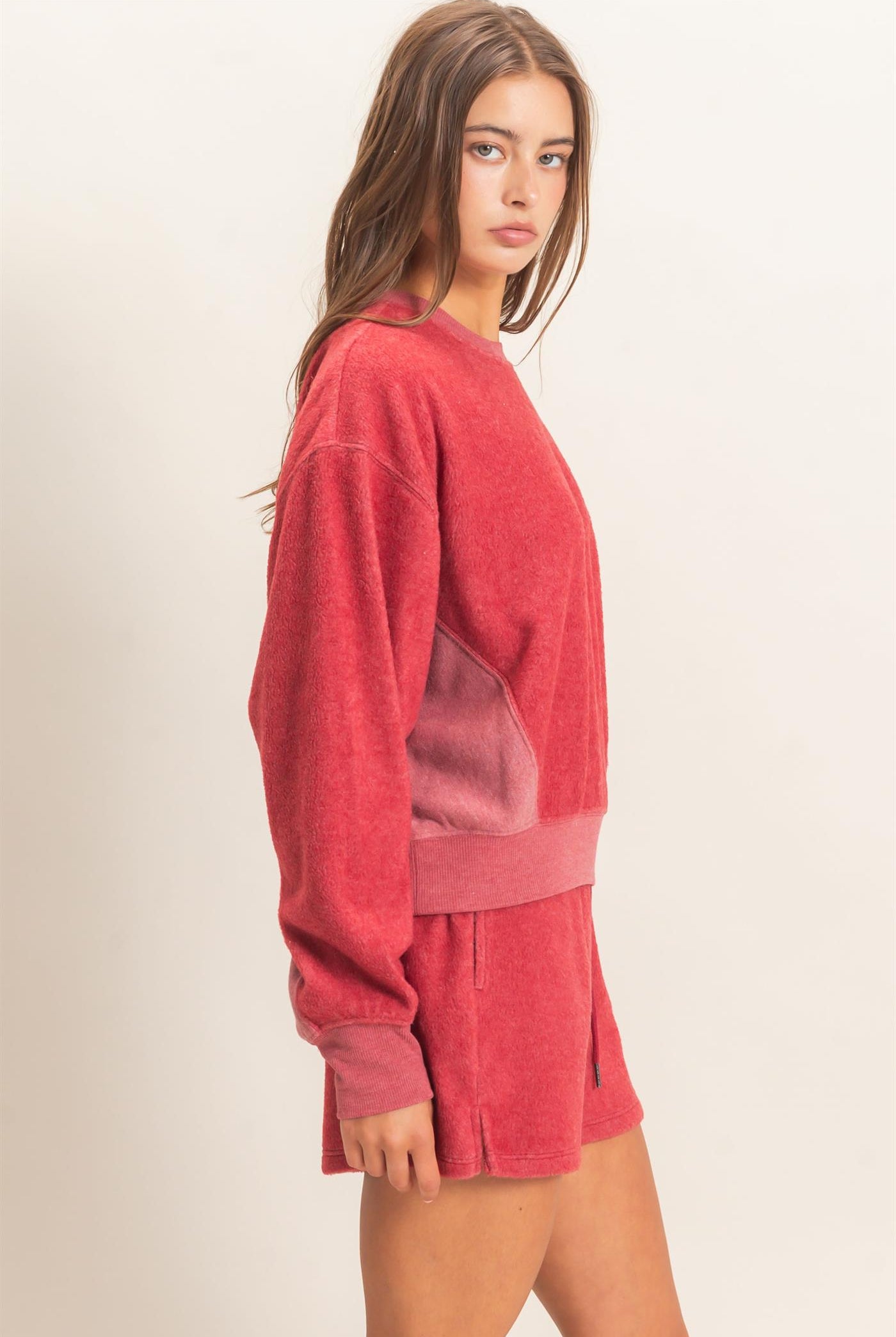 Wholesale Contrast Sweatshirt & Shorts Set Clothing DZ25F478-SET DARK RED DOUBLE ZERO
