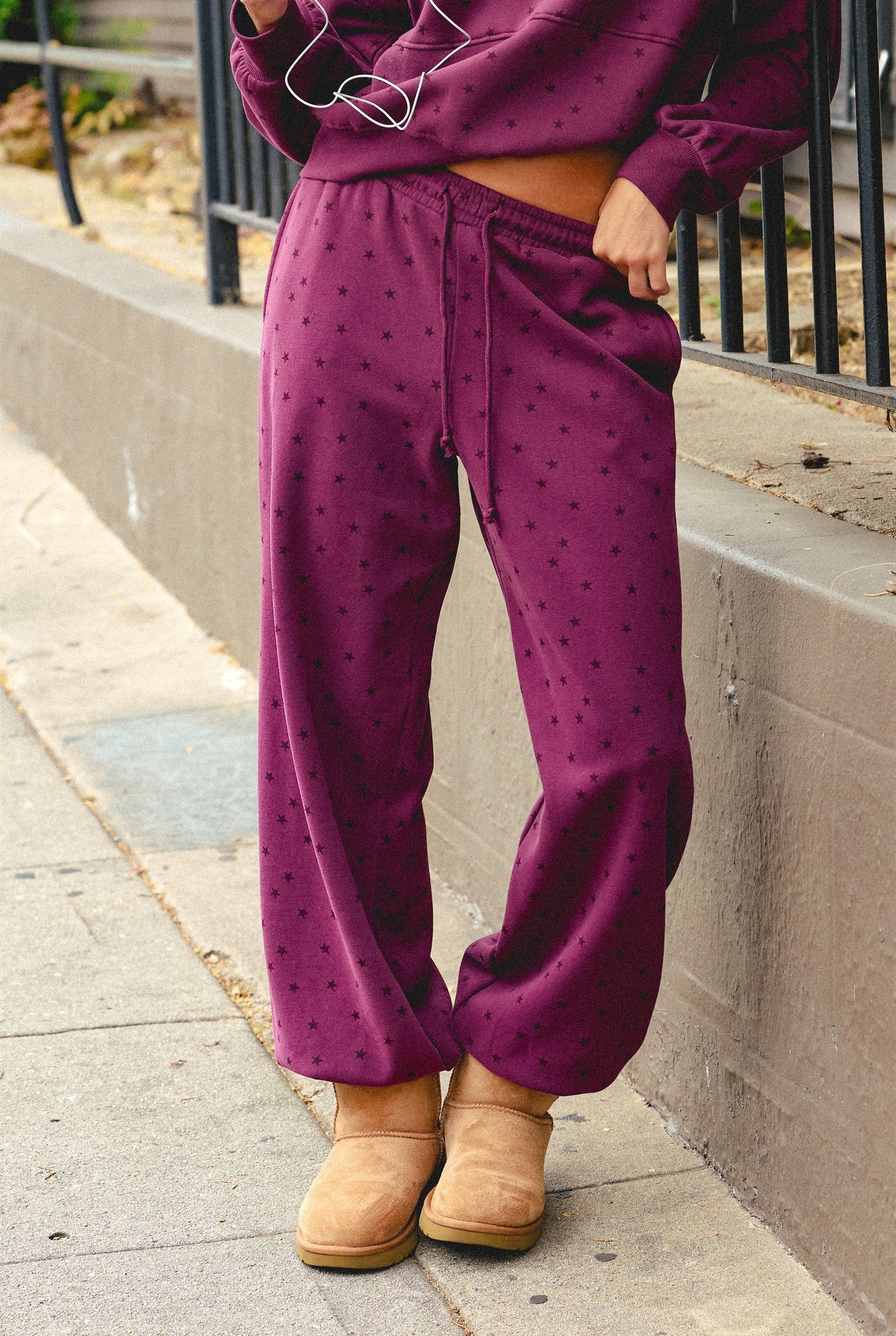 Wholesale Star Print Elastic Waist Jogger Pants Joggers DZ26E287 DARK CHERRY DOUBLE ZERO