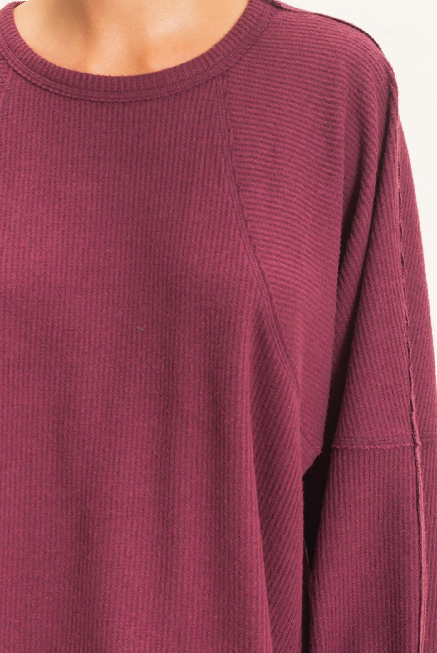 Wholesale Brushed Waffle Long Sleeve Top Clothing Tops DZ26F312 DARK CHERRY DOUBLE ZERO