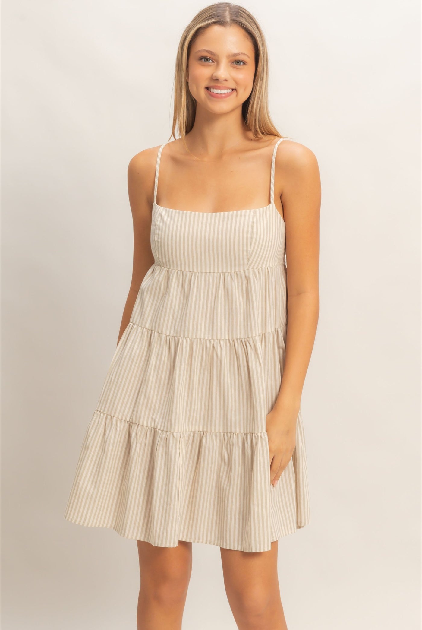 Wholesale Striped Sleeveless A-Line Dress Dresses HF26A247 L.TAUPE HYFVE