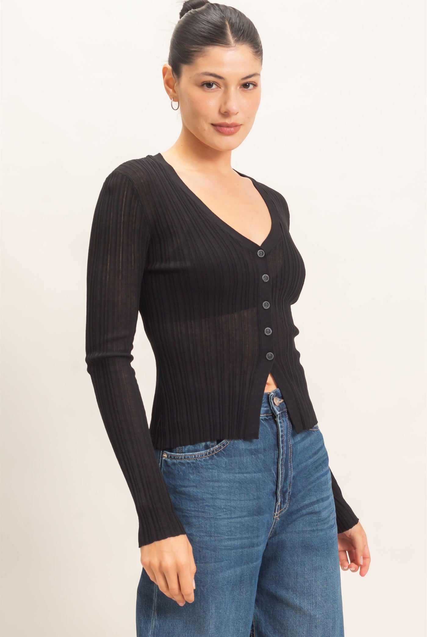 Wholesale Ribbed V-Neck Cardigan Cardigans HF26E154 BLACK HYFVE