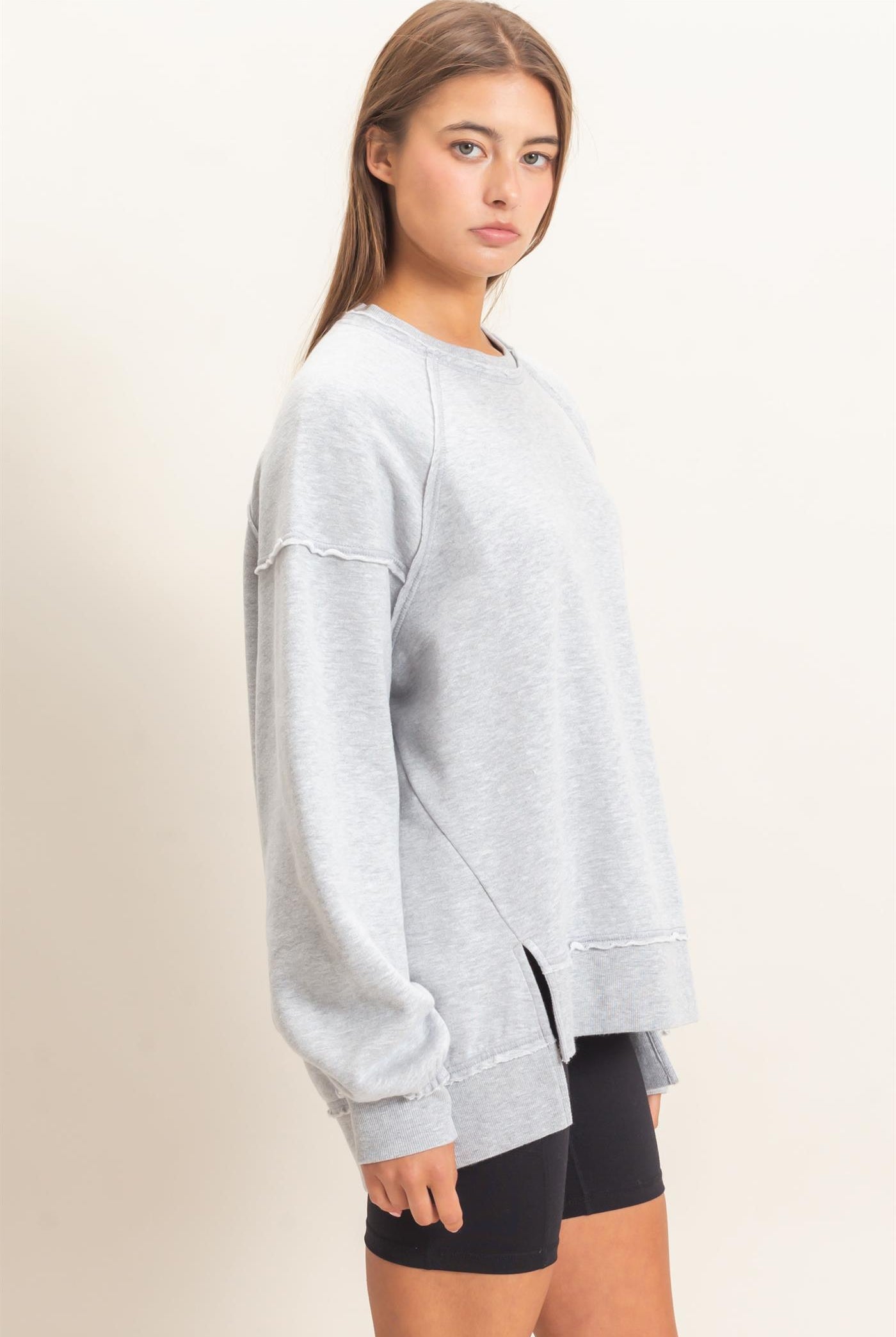 Wholesale Acid Wash Raw Edge Sweatshirt Sweatshirts DZ26C910 HEATHER GRAY DOUBLE ZERO