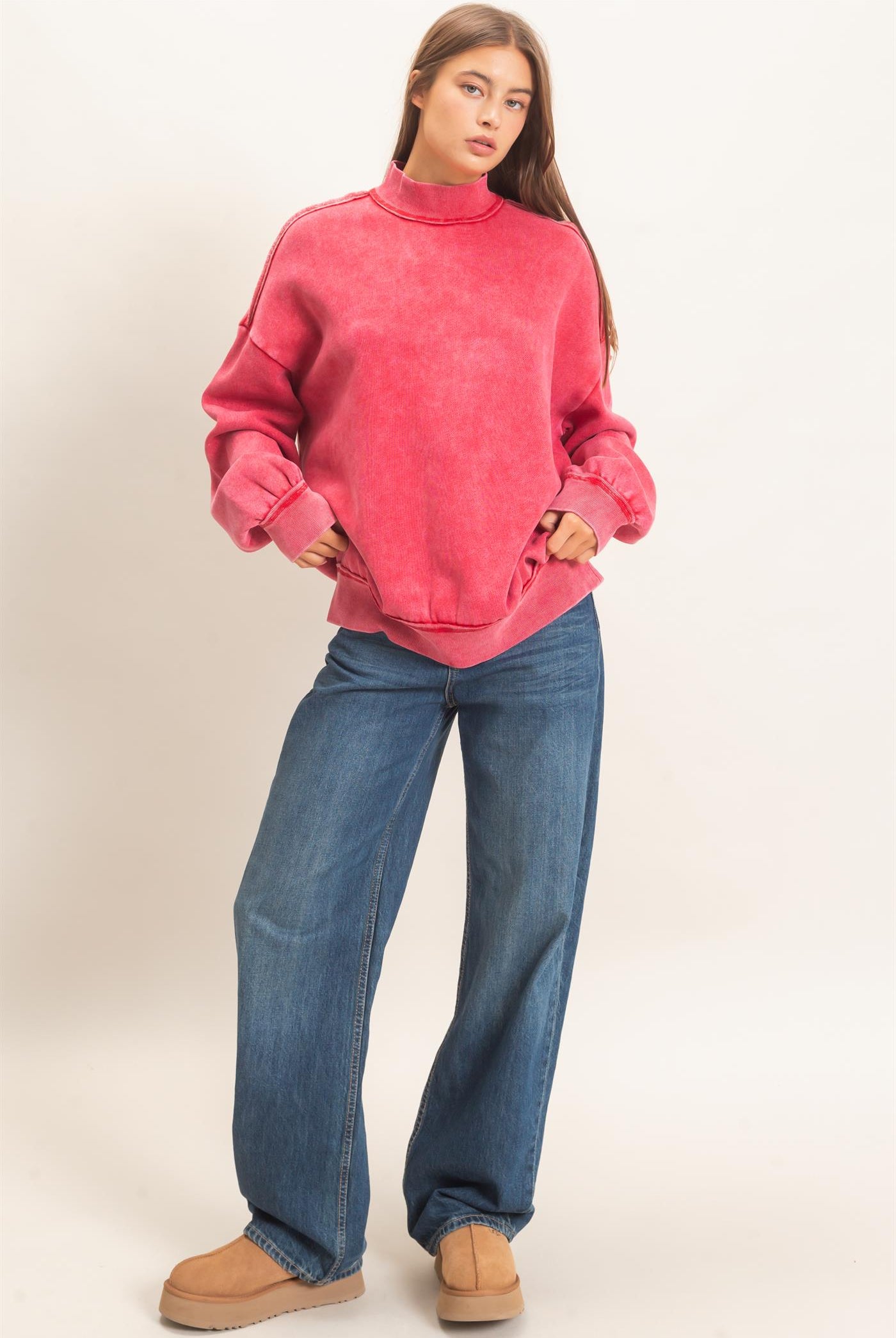 Wholesale Acid Washed Mock Neck Sweatshirt Sweatshirts DZ26E656 RED DOUBLE ZERO