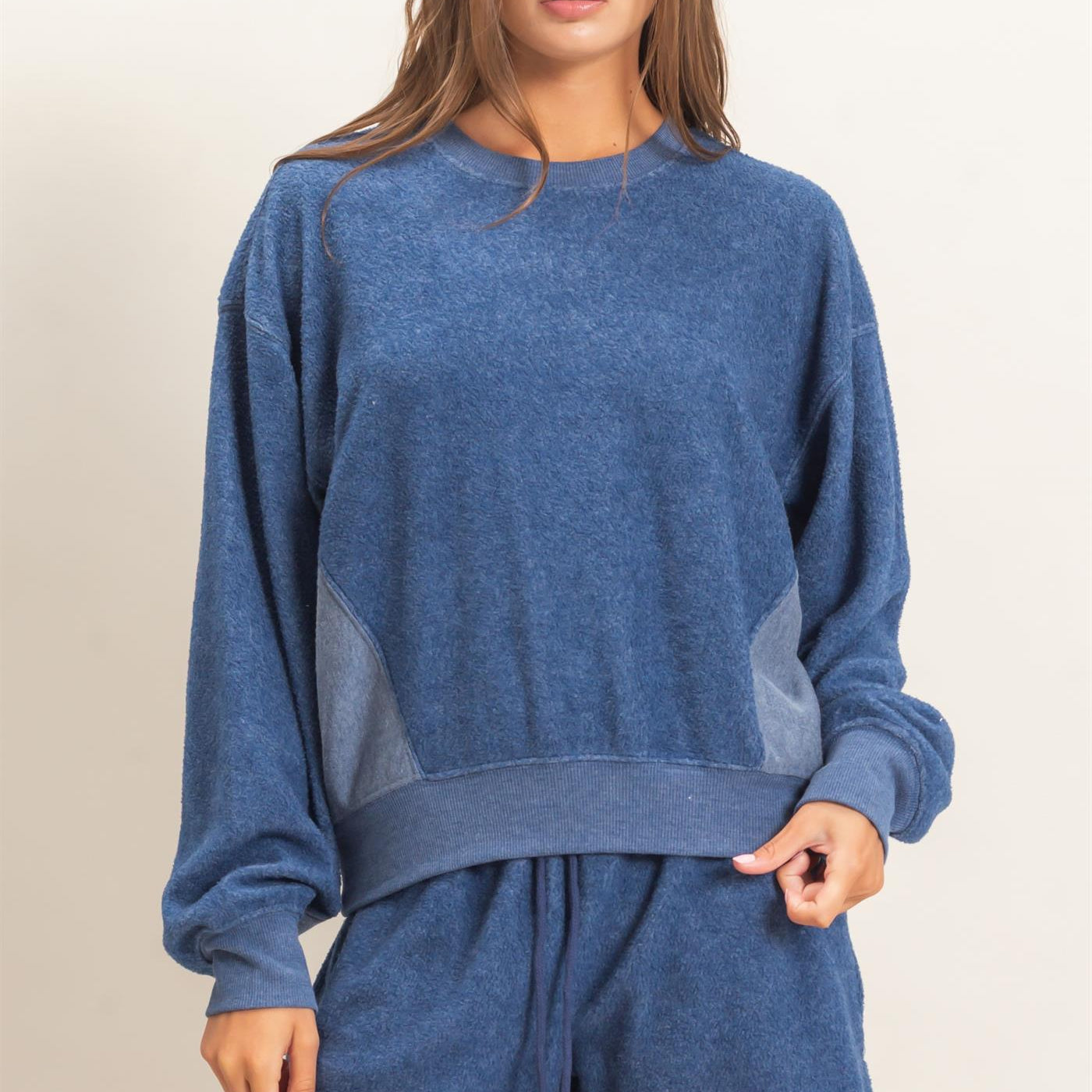 Wholesale Contrast Sweatshirt & Shorts Set Clothing DZ25F478-SET NAVY DOUBLE ZERO