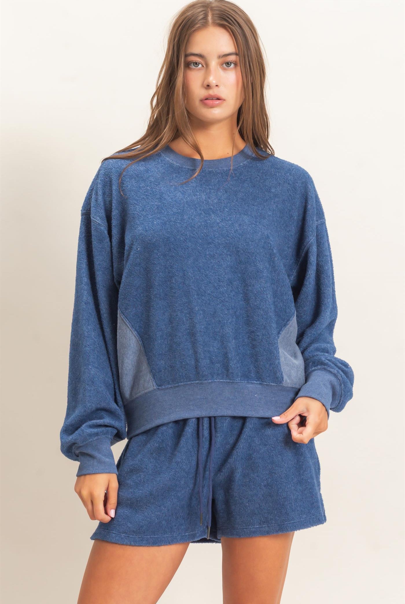 Wholesale Contrast Sweatshirt & Shorts Set Clothing DZ25F478-SET NAVY DOUBLE ZERO