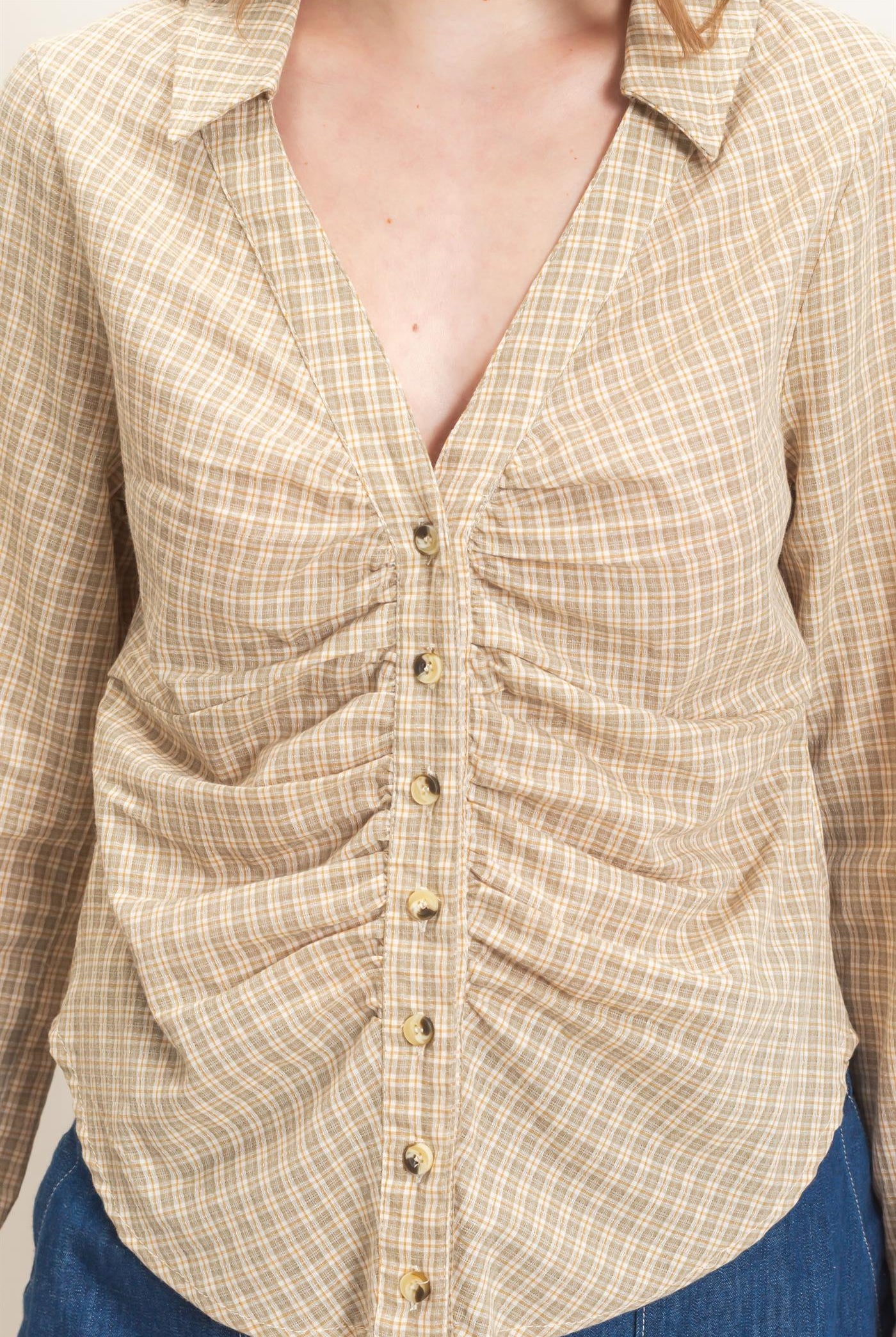Wholesale Ruched Button-Down Shirt Blouses HF26E348 CREAM HYFVE