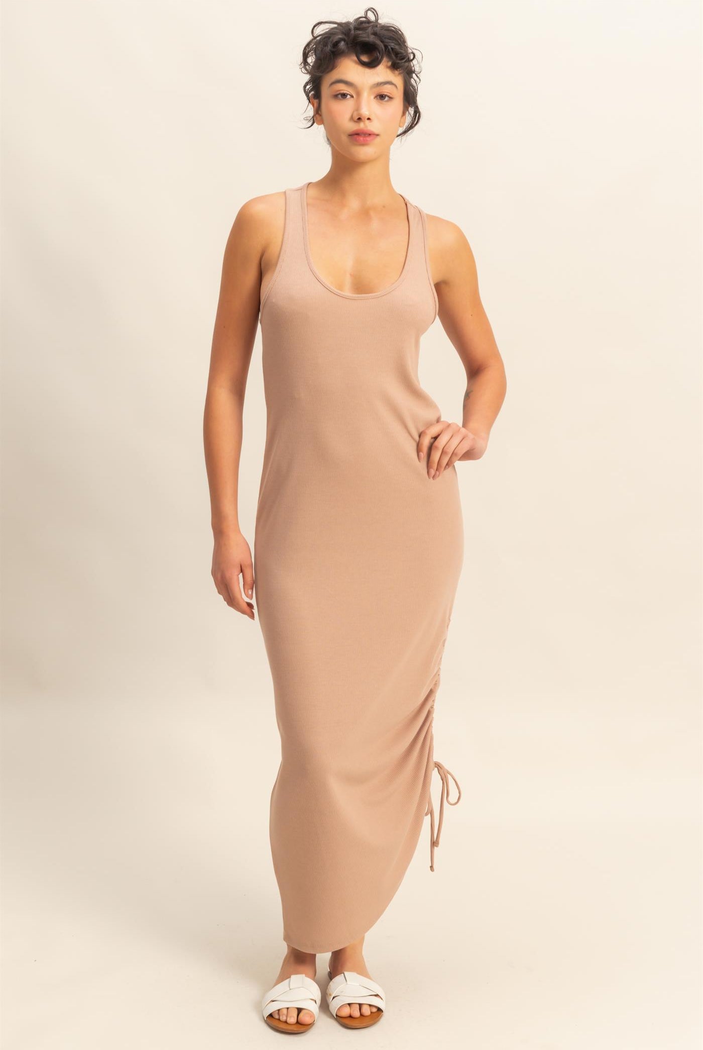 Wholesale Scoop Neck Side Tie Detail Midi Dress Dresses DZ25C152 DARK TAUPE DOUBLE ZERO