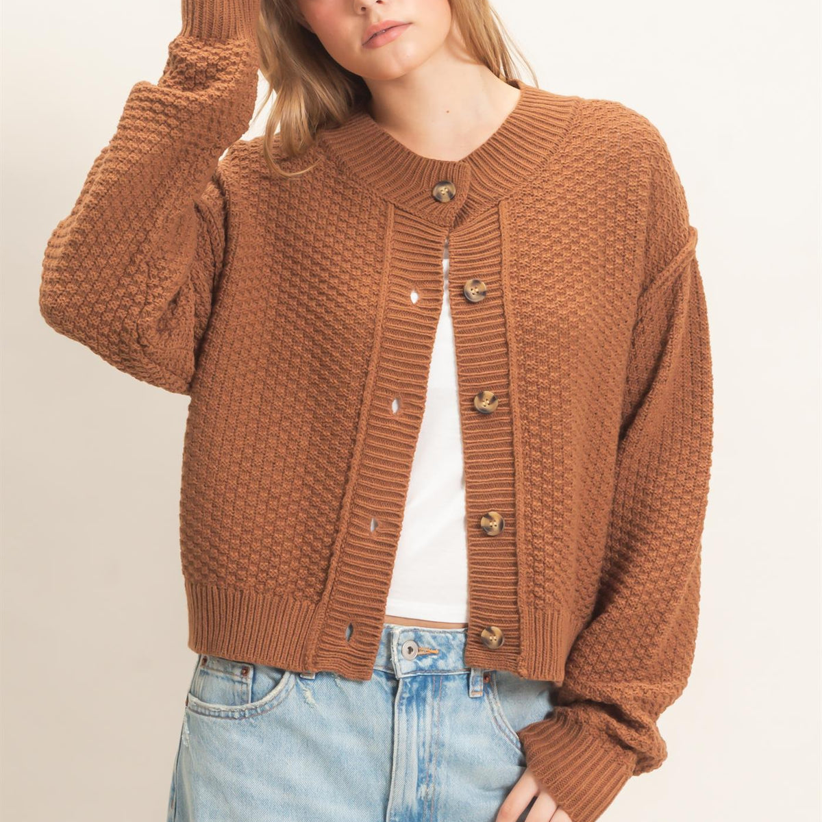 Wholesale Textured Knit Button-Front Cardigan Cardigans HF26C409 BROWN HYFVE