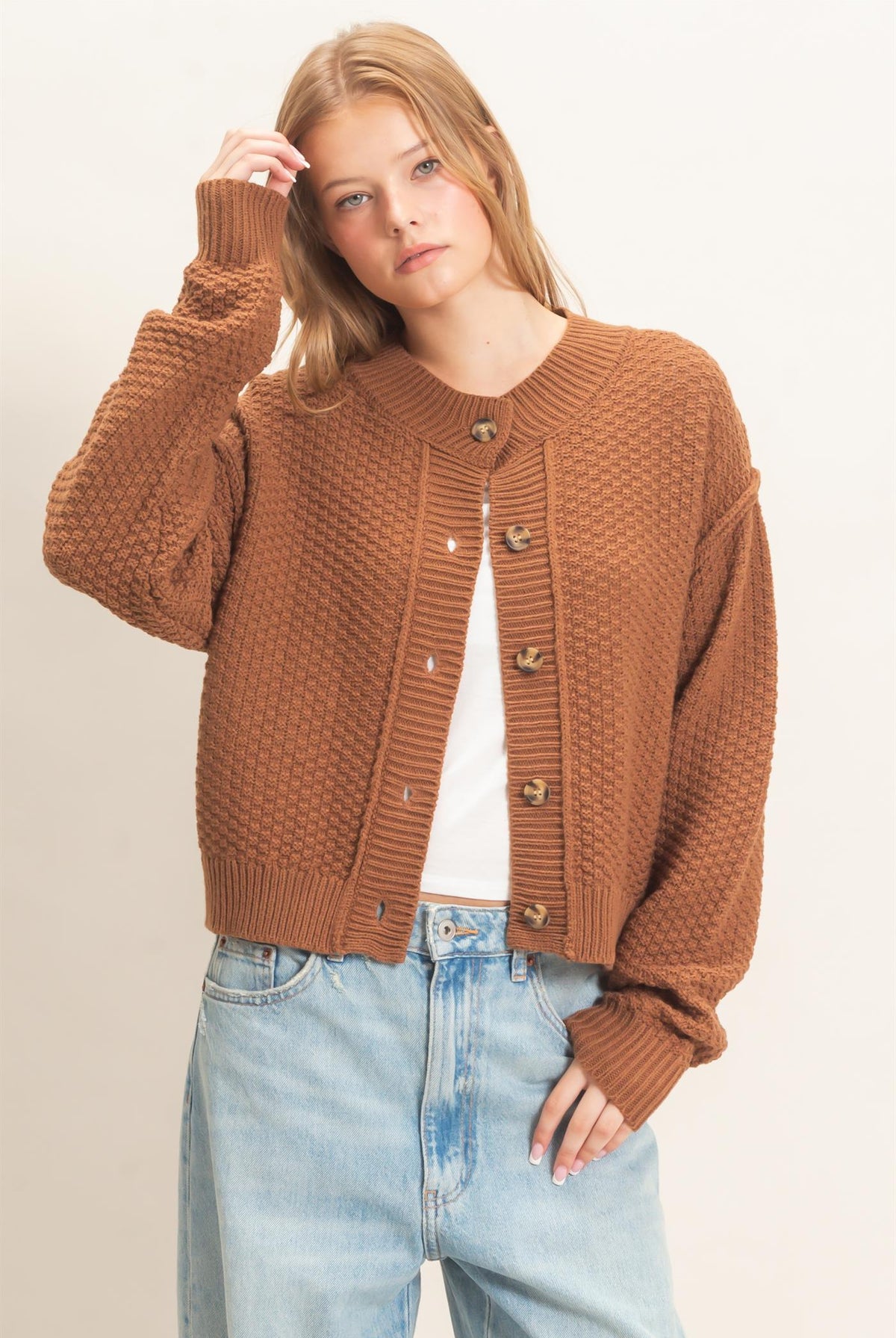 Wholesale Textured Knit Button-Front Cardigan Cardigans HF26C409 BROWN HYFVE