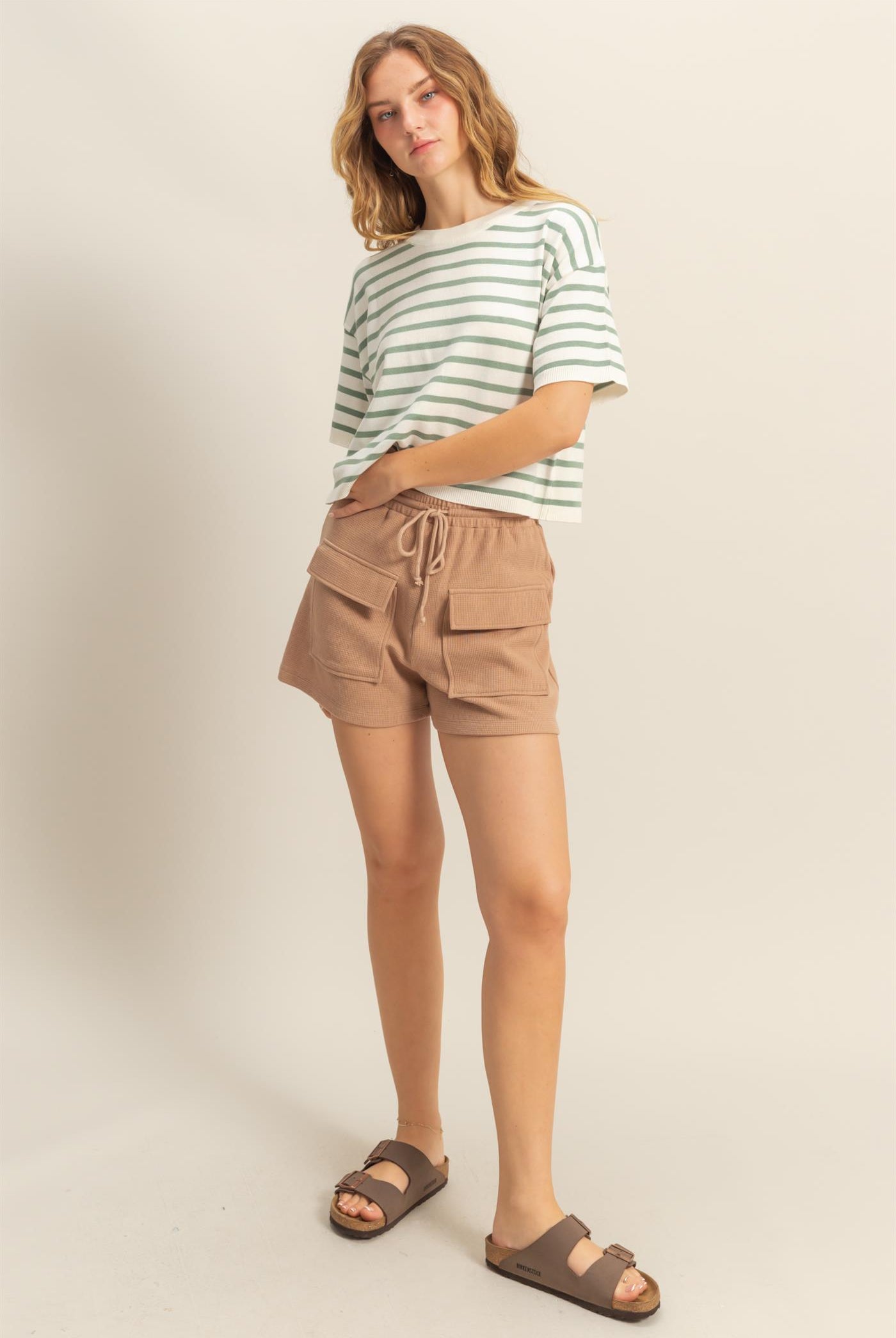 Wholesale Waffle Knit Front Pocket Shorts Shorts DZ25A793 DARK TAUPE DOUBLE ZERO