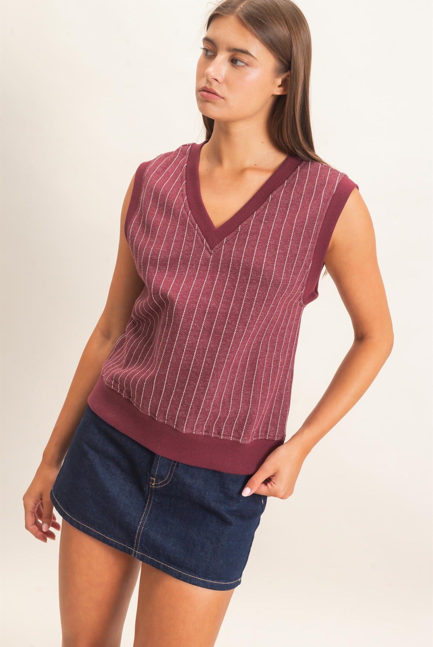 Wholesale V-Neck Pinstripe Sleeveless Top Clothing Tops DZ26E626 DARK CHERRY DOUBLE ZERO
