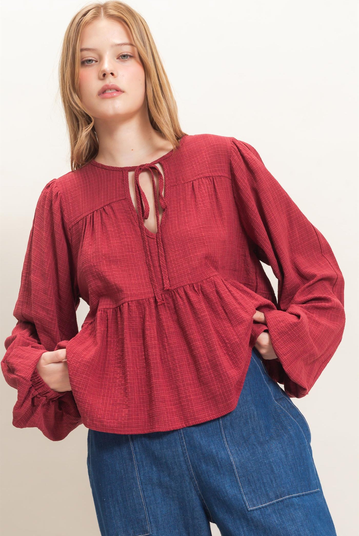 Wholesale Tie Front Peplum Blouse Blouses HF26F065 BURGUNDY HYFVE