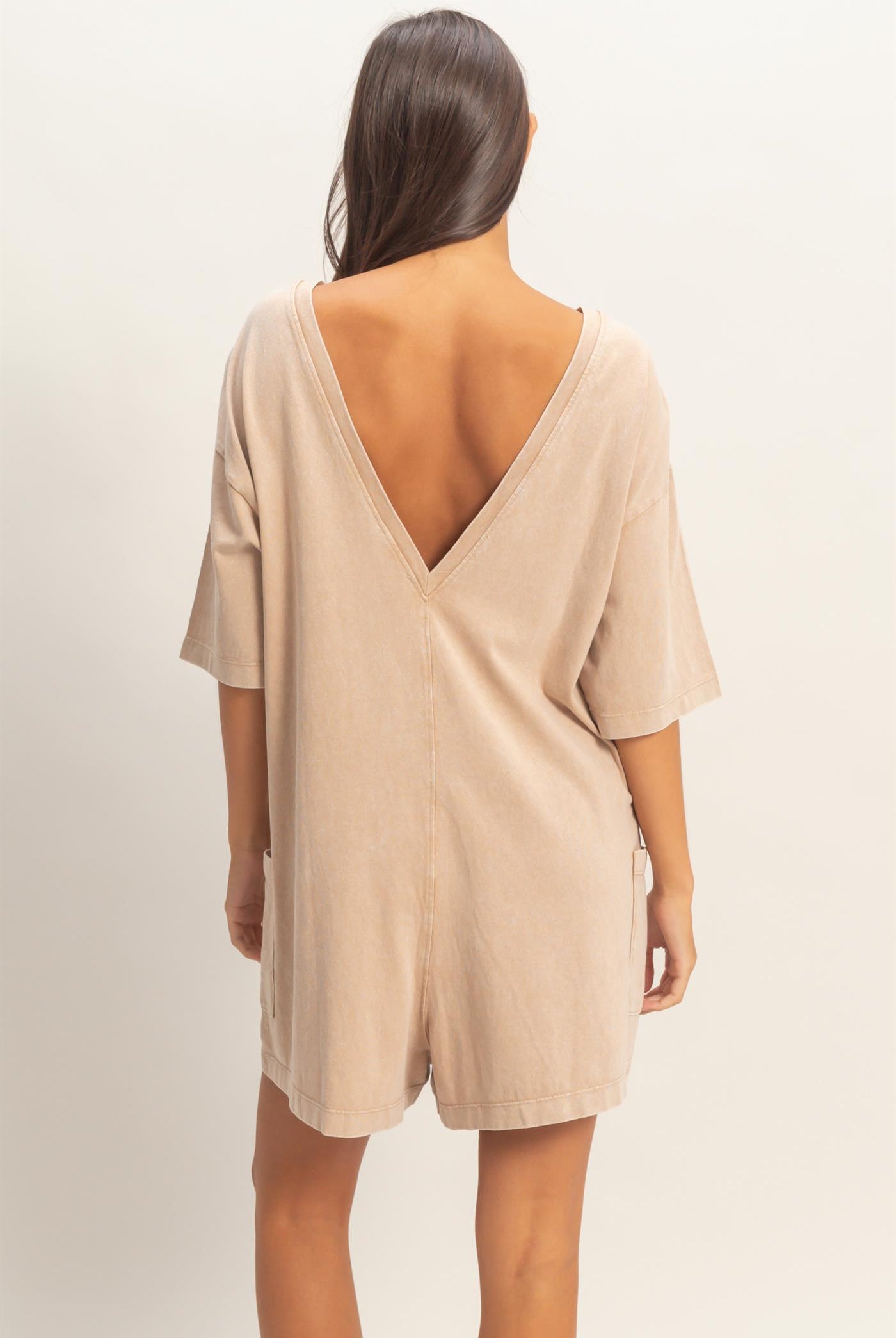 Wholesale Mineral Washed V-Back Romper Clothing DZ26A326 DARK TAUPE HYFVE