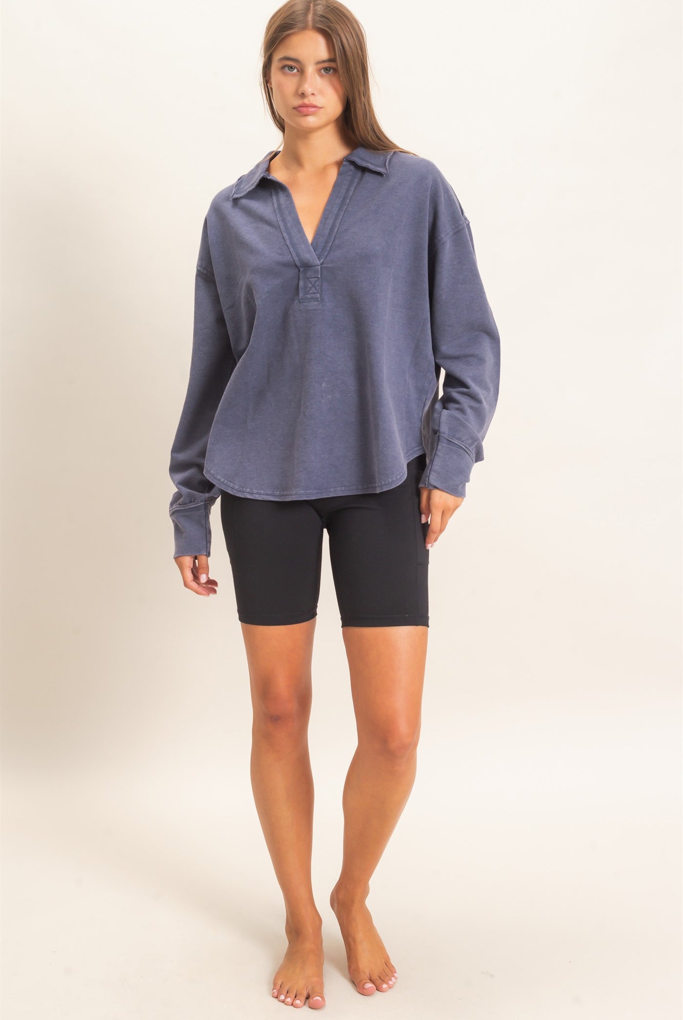Wholesale Mineral Washed Polo Collar Long Sleeve Top Polos DZ26E887 NAVY DOUBLE ZERO