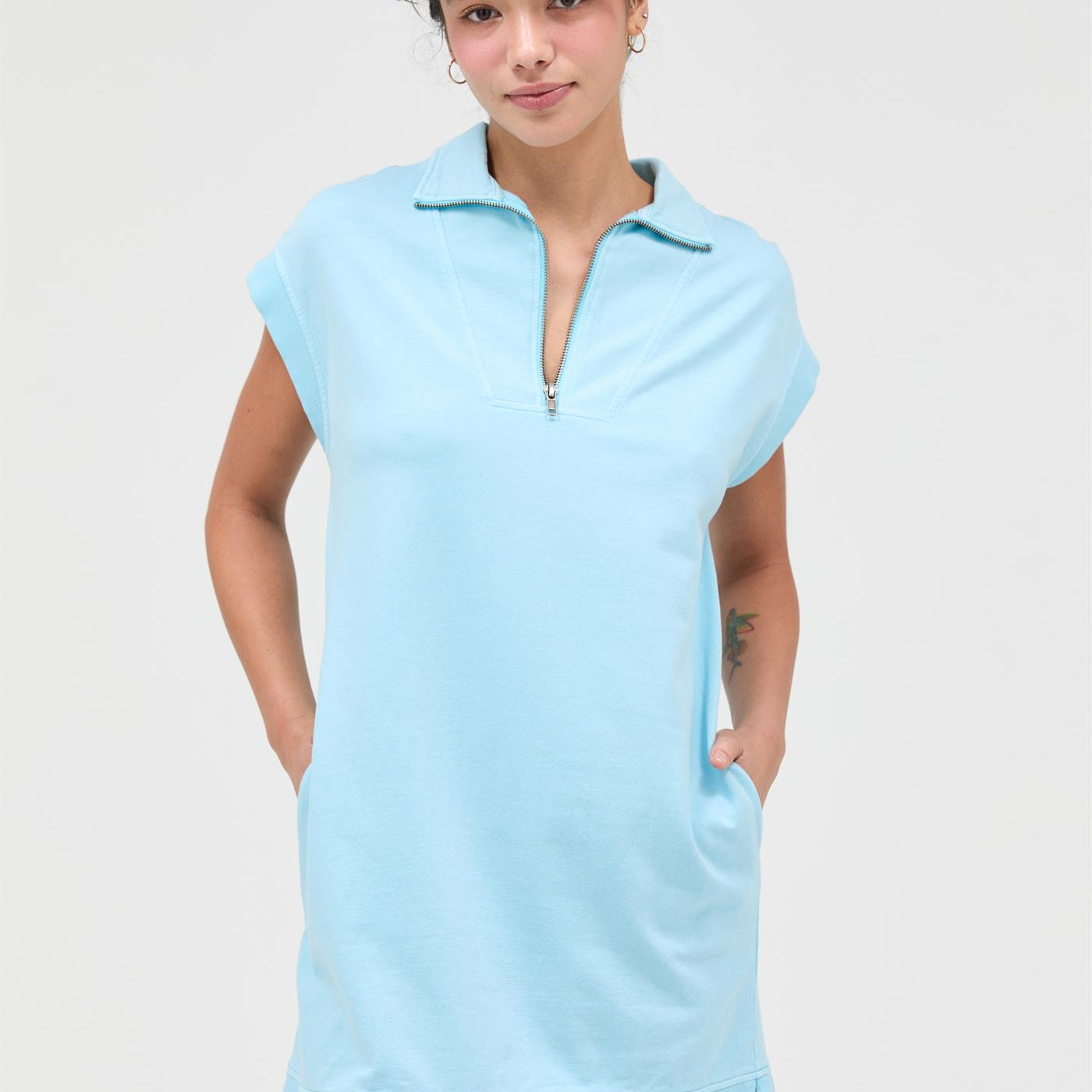 Wholesale Half Zip Up Mock Neck Mini Dress Dresses DZ26A030 BLUE DOUBLE ZERO