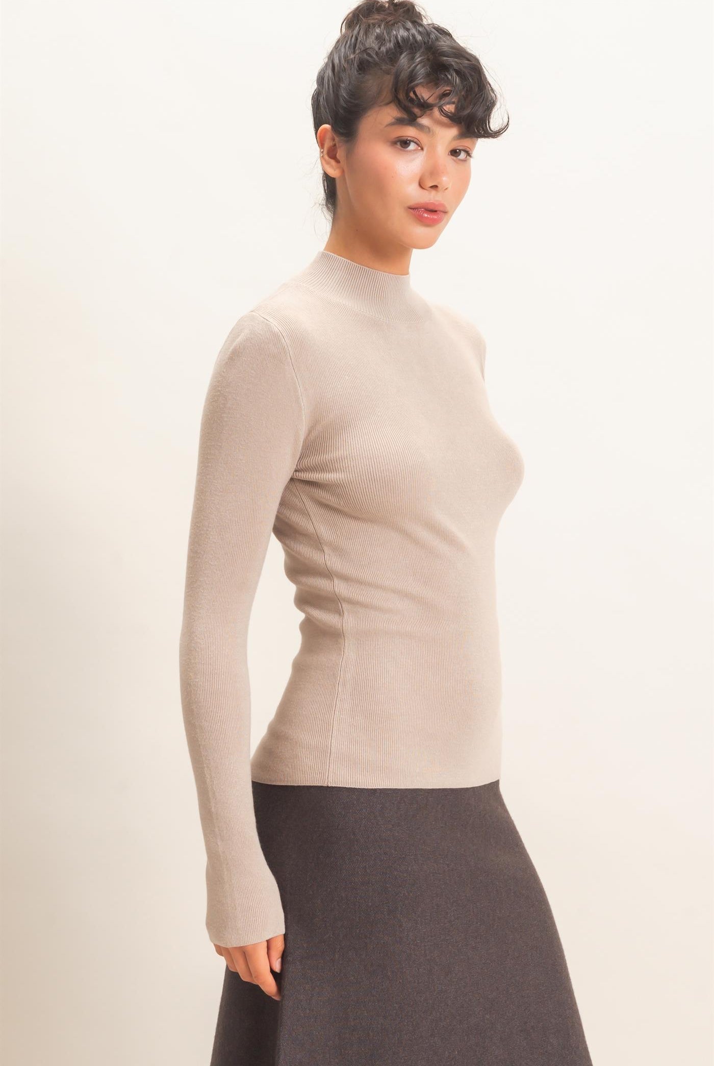 Wholesale Ribbed Mock Neck Long Sleeve Knit Top Clothing Tops DZ26F201 TAUPE DOUBLE ZERO