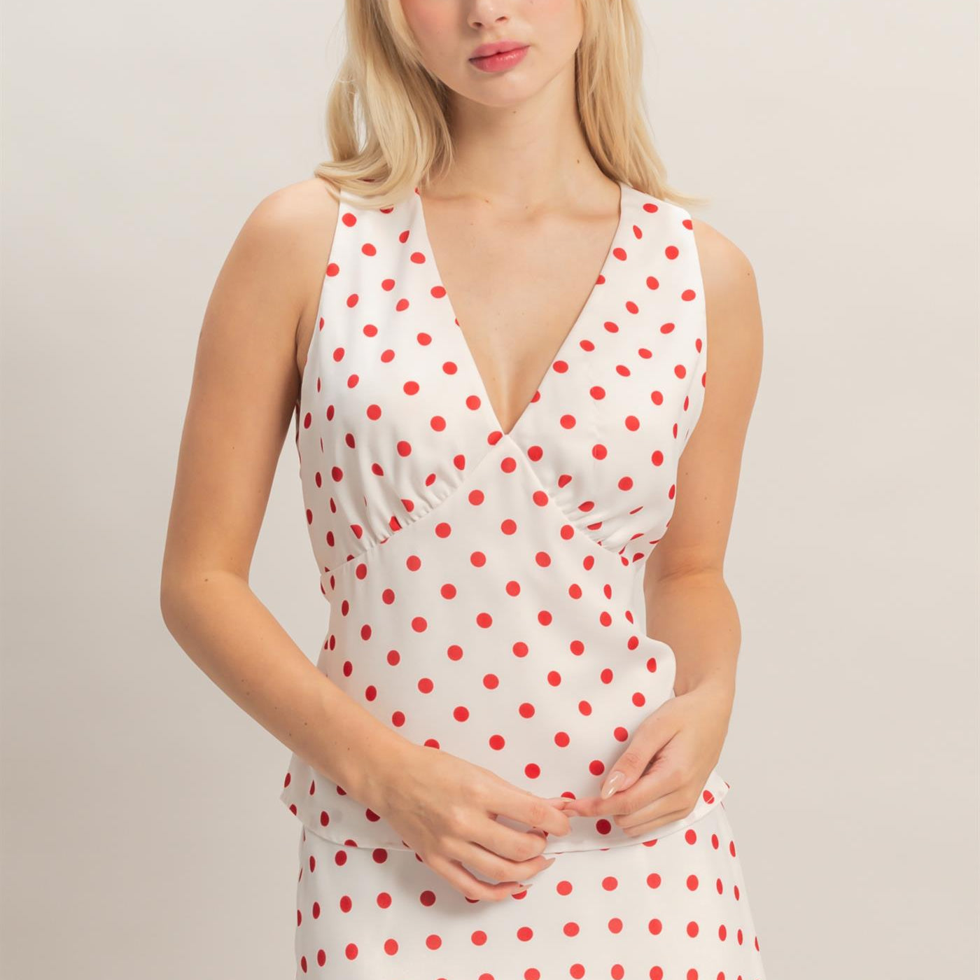 Wholesale Polka Dot V-Neck Satin Top Clothing Tops DZ26C198 RED DOUBLE ZERO