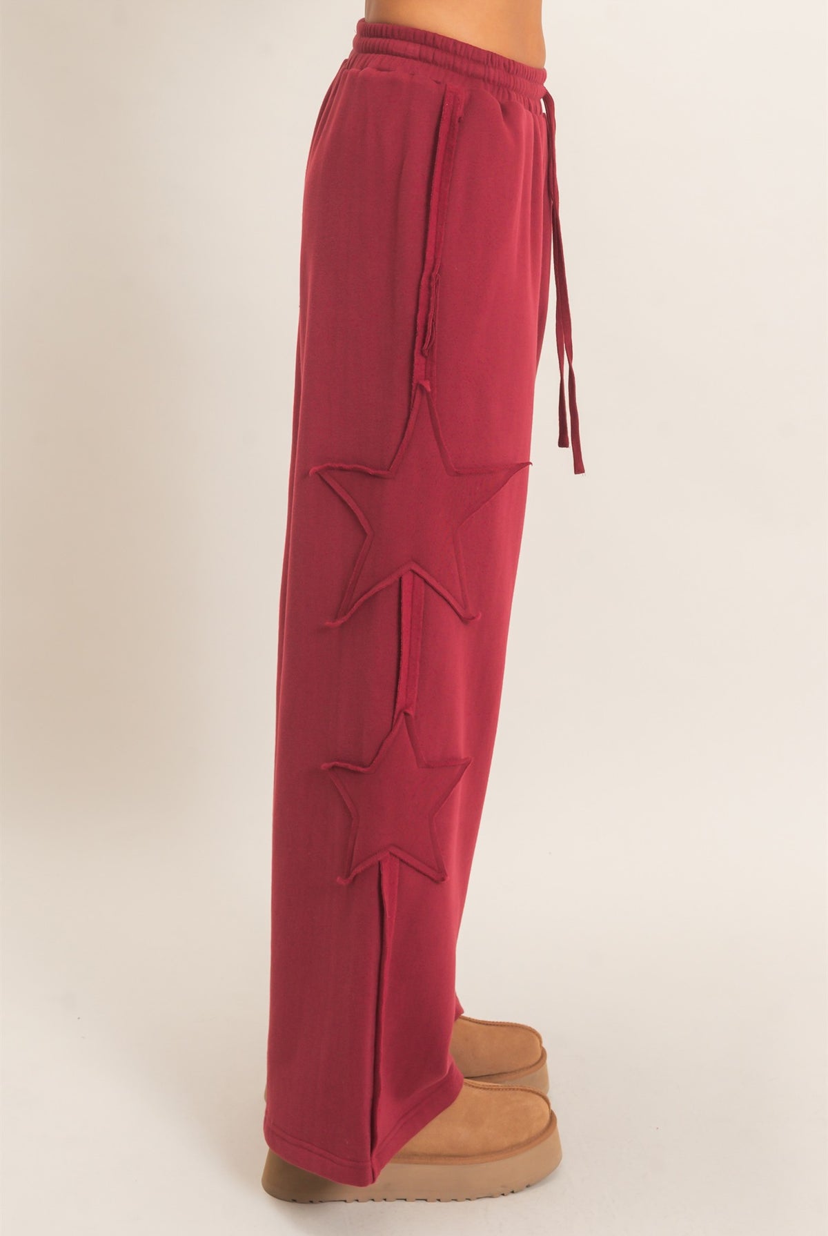 Wholesale French Terry Star Patch Sweatpants Pants DZ27A197 BURGUNDY DOUBLE ZERO