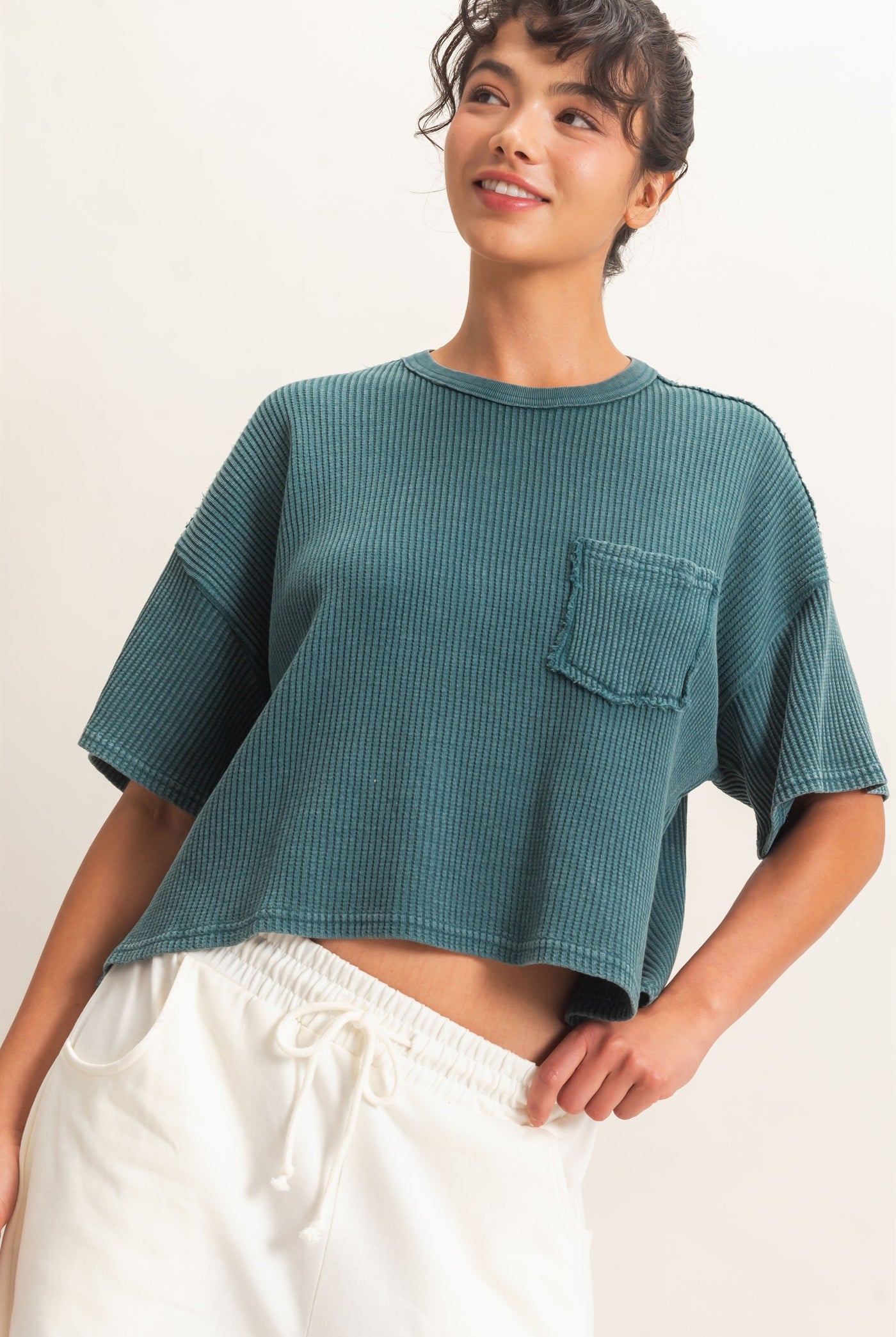 Wholesale Mineral Wash Waffle Knit Pocket Top Clothing Tops DZ26E222 DARK TEAL DOUBLE ZERO