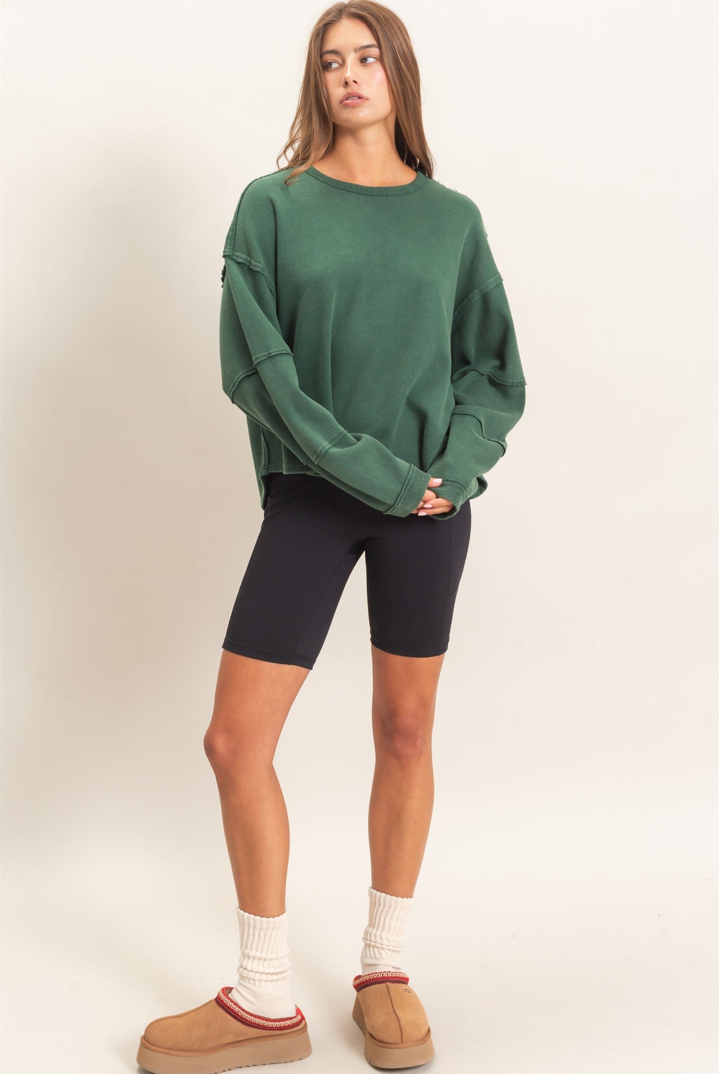 Wholesale Mineral Wash Overzised Raw Edge Crew Neck Top Clothing Tops DZ26E449 DARK GREEN DOUBLE ZERO