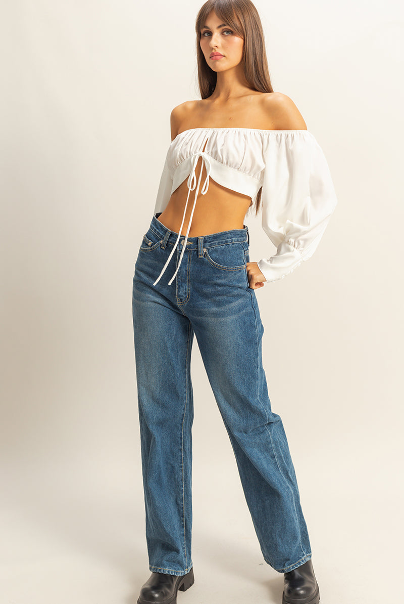 Wholesale Off The Shoulder Satin Crop Top Clothing Tops FS22E582 OFF WHITE HYFVE