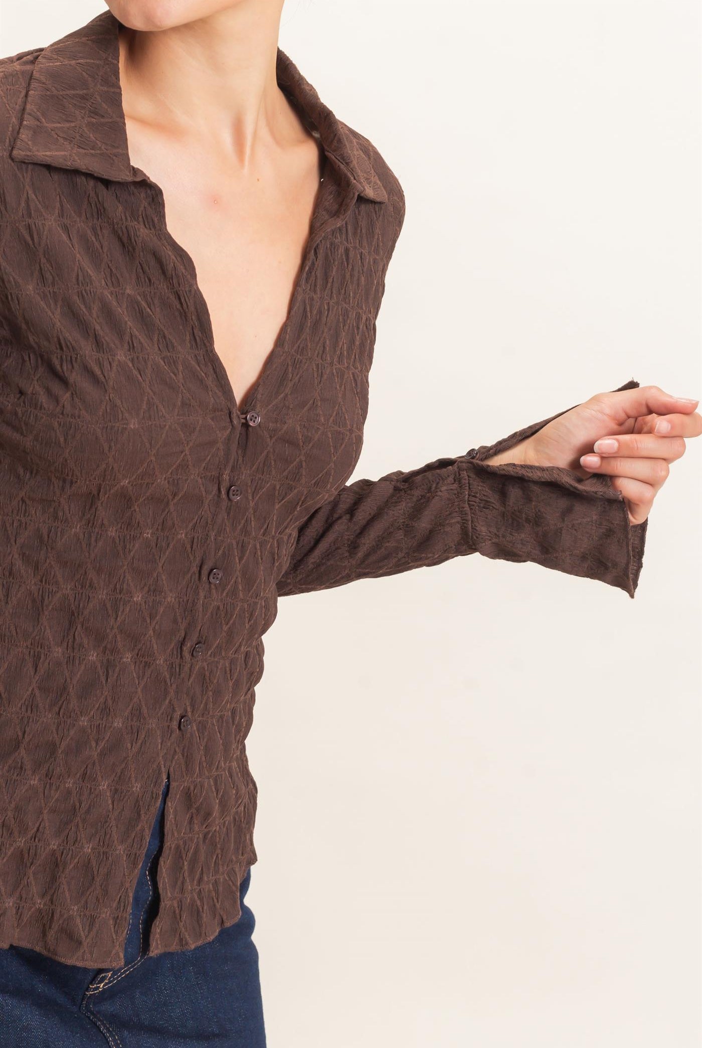 Wholesale Textured Button-Up Collared Top Shirts HF26E062 CHESTNUT HYFVE
