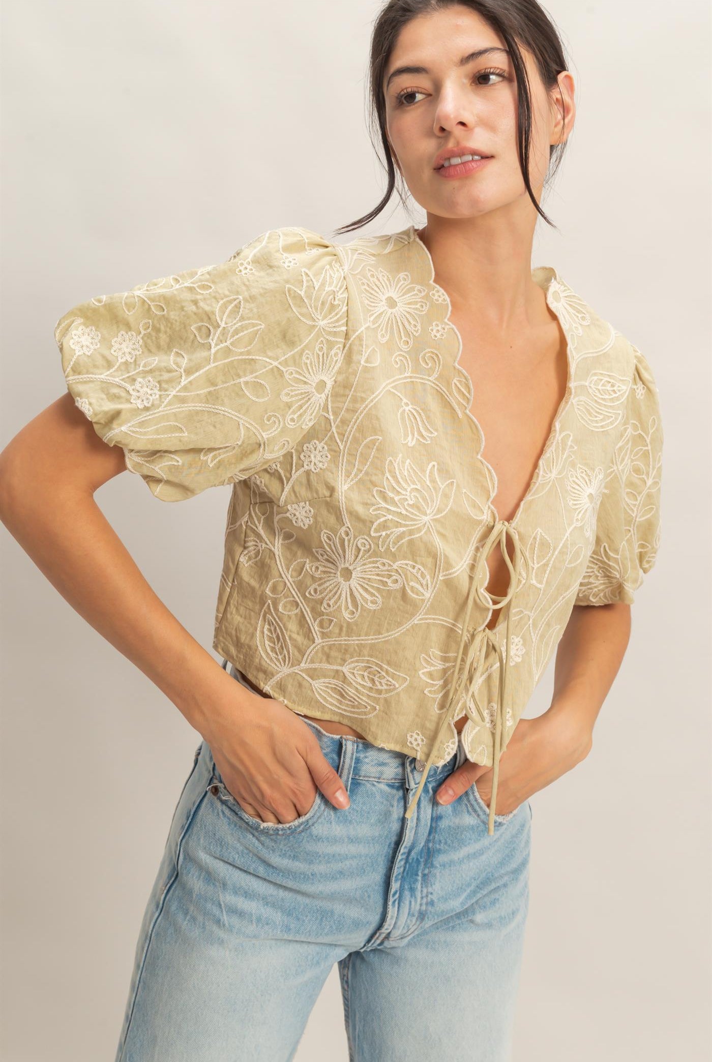 Wholesale Floral Embroidered Tie-Front Top Blouses HF26C556-D LIGHT SAGE HYFVE