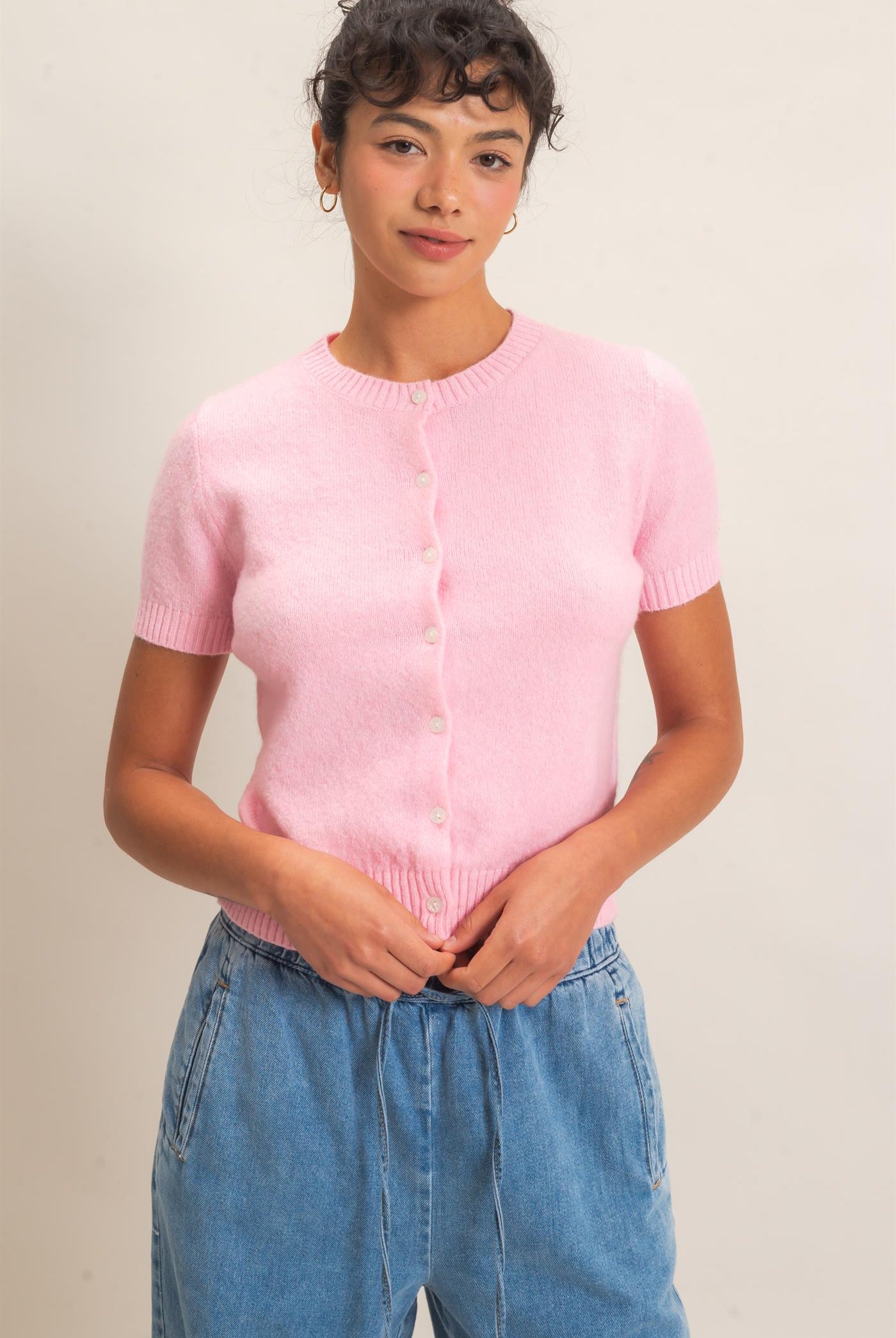 Wholesale Crew Neck Short Sleeve Cardigan Cardigans DZ26E108 PINK DOUBLE ZERO
