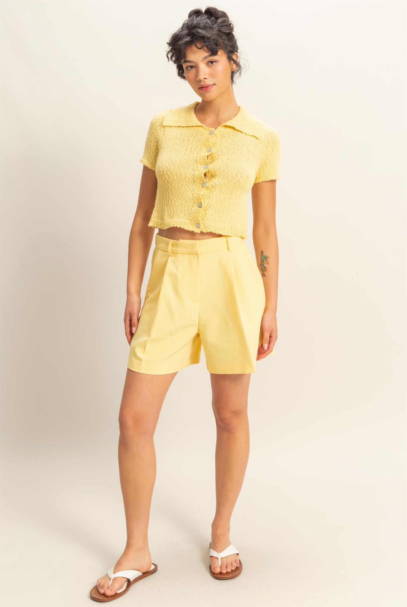 Wholesale Everyday Button-Front Crop Sweater Top Clothing Tops DZ25C171 CREAMY YELLOW DOUBLE ZERO