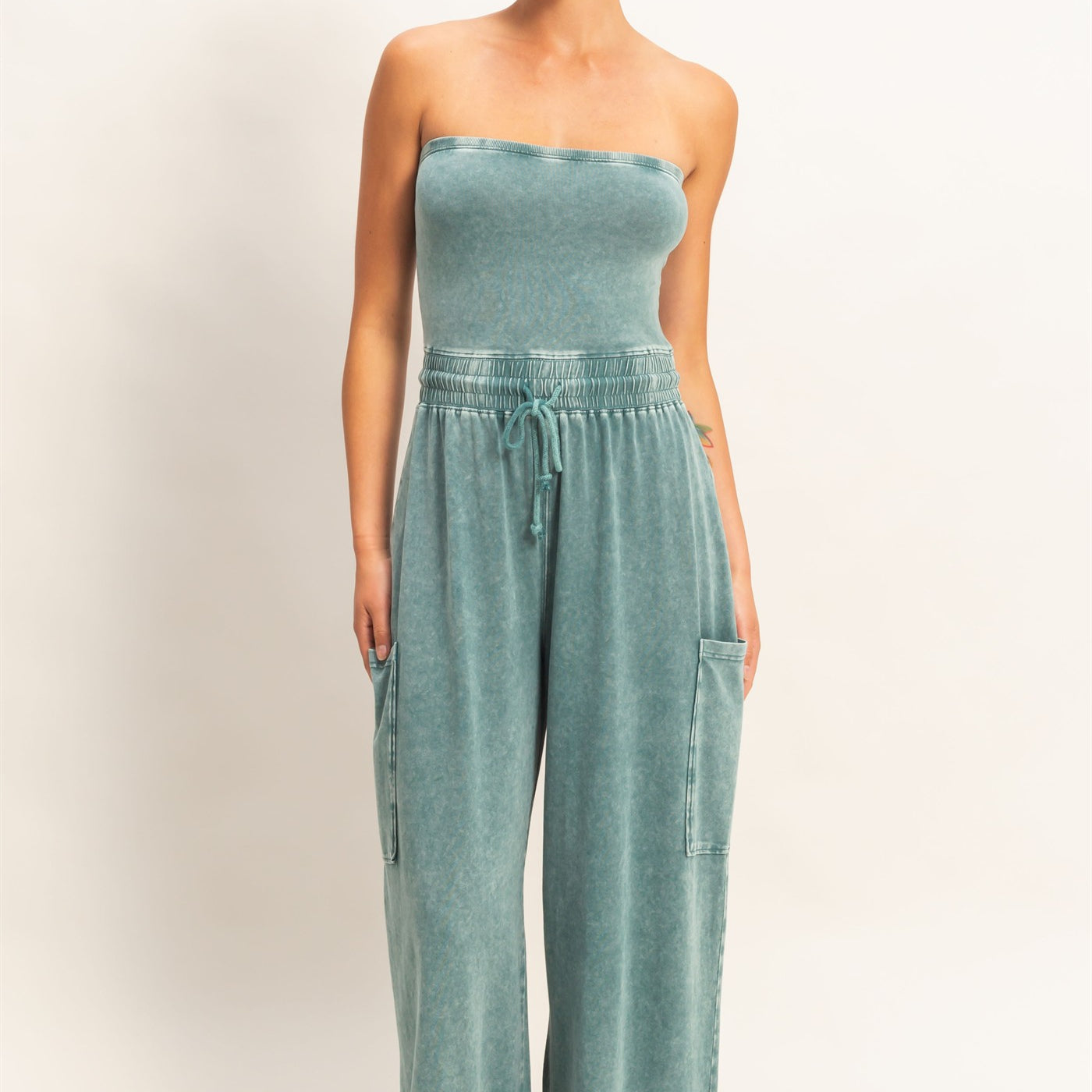 Wholesale Mineral Wash Strapless Wide-Leg Jumpsuit Clothing DZ26C376 DARK TEAL DOUBLE ZERO