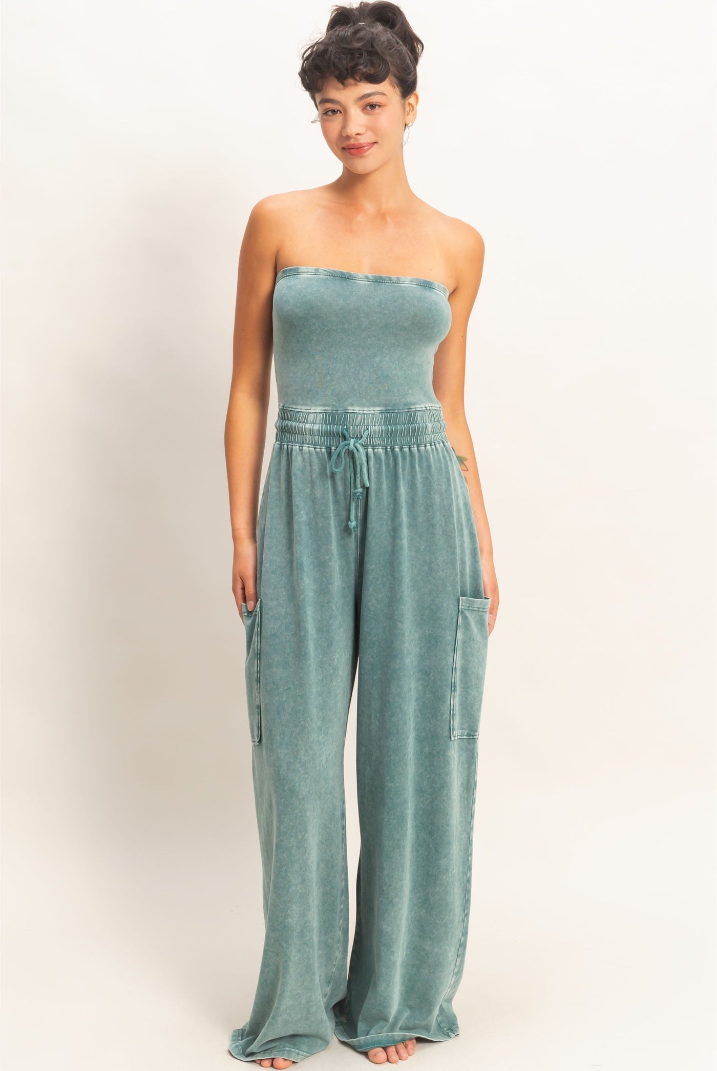 Wholesale Mineral Wash Strapless Wide-Leg Jumpsuit Clothing DZ26C376 DARK TEAL DOUBLE ZERO