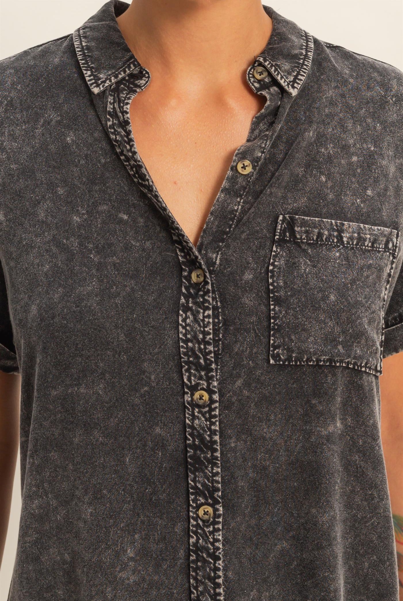 Wholesale Mineral Wash Button-Up Dolman Sleeve Shirt Shirts DZ26C132 BLACK DOUBLE ZERO